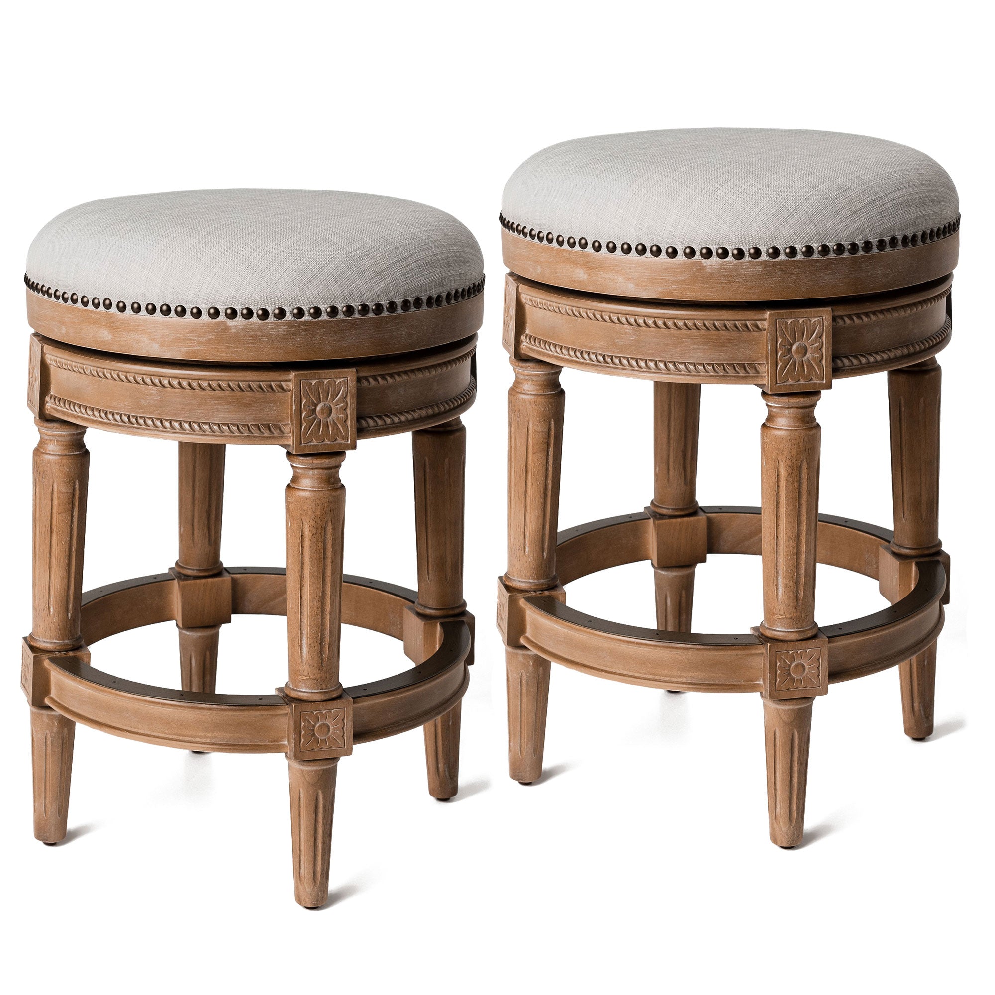 Maven Lane Pullman Backless Counter Stool in Weathered Oak Finish w/ Sand Color Fabric Upholstery, Set of 2 - Smart-nests