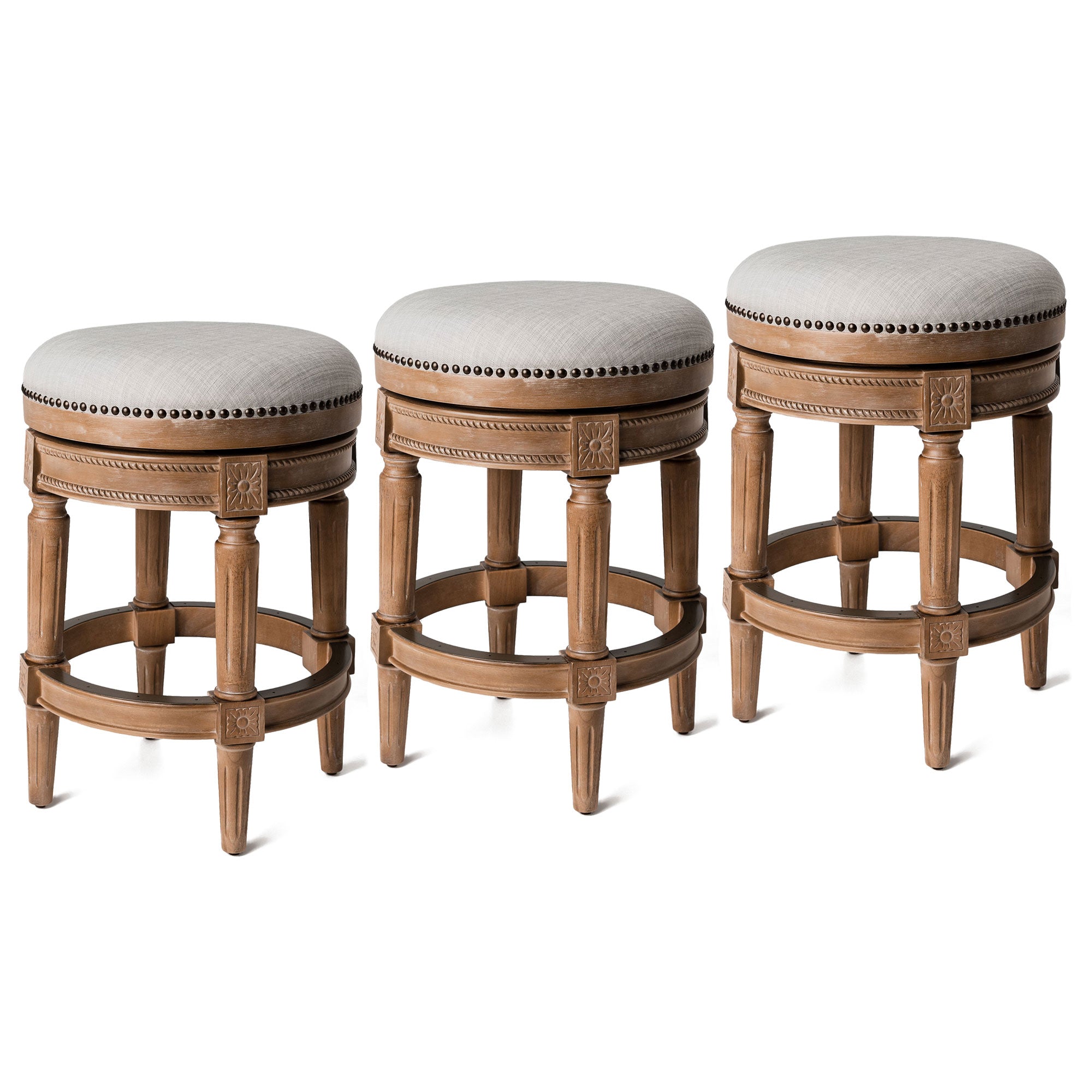 Maven Lane Pullman Backless Counter Stool in Weathered Oak Finish w/ Sand Color Fabric Upholstery, Set of 3 - Smart-nests