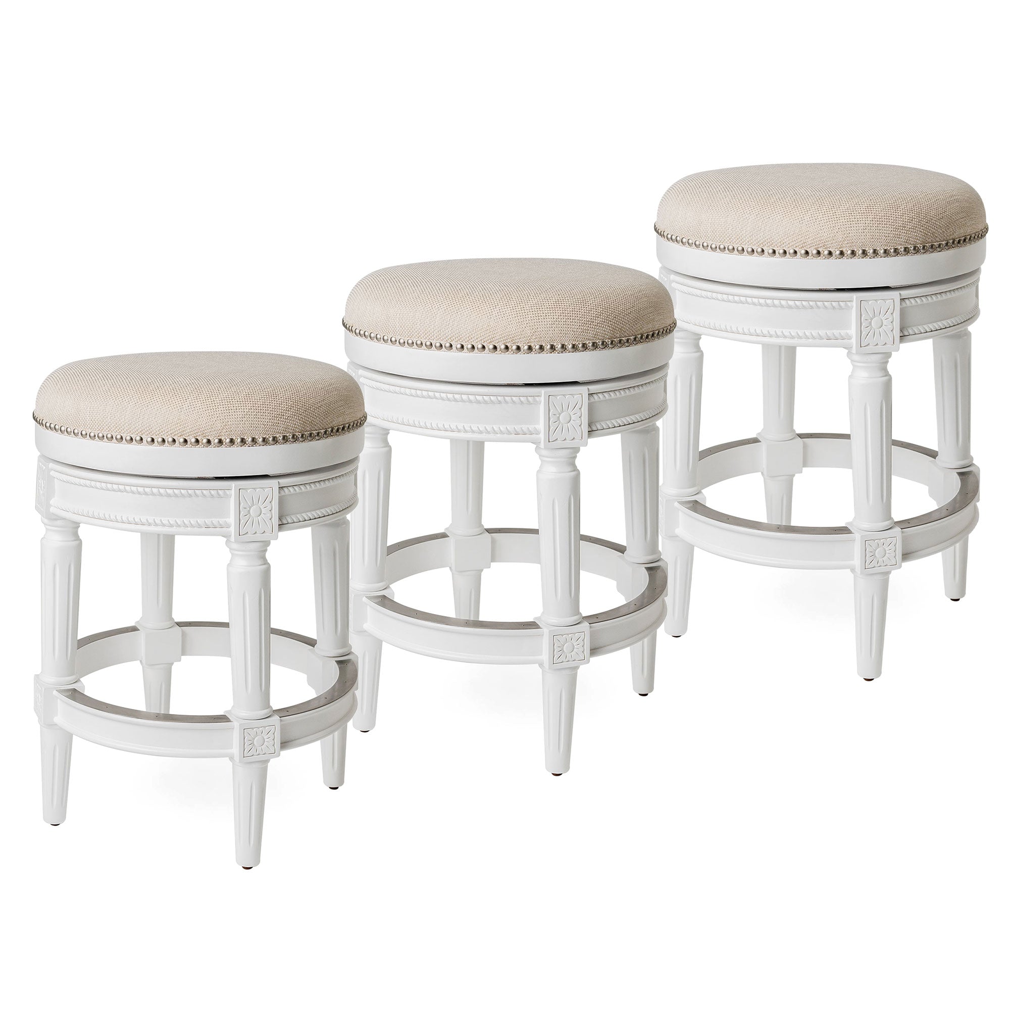 Maven Lane Pullman Backless Counter Stool in Alabaster White Finish with Cream Fabric Upholstery, Set of 3 - Smart-nests