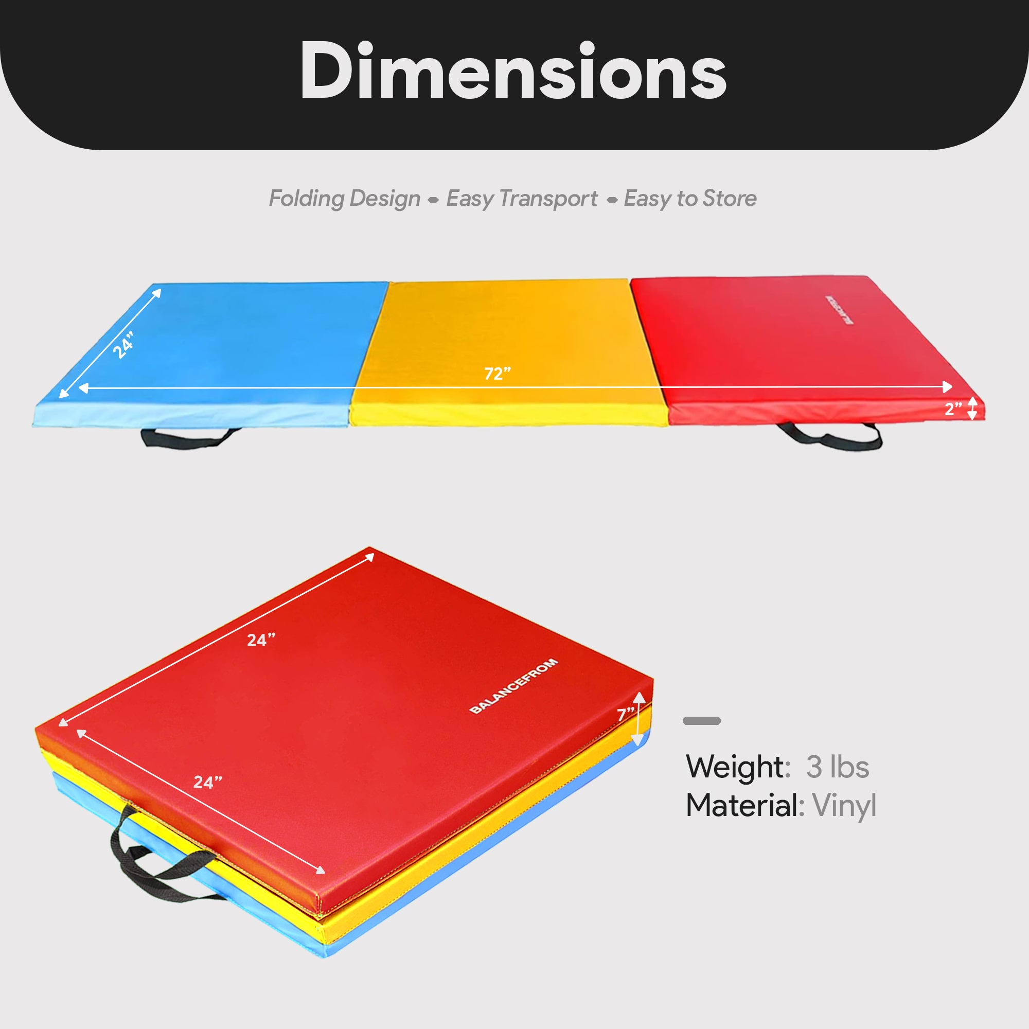 BalanceFrom Fitness GoGym 6x2ft Folding 3 Panel Exercise Mat w/Handles, Multi - Smart-nests