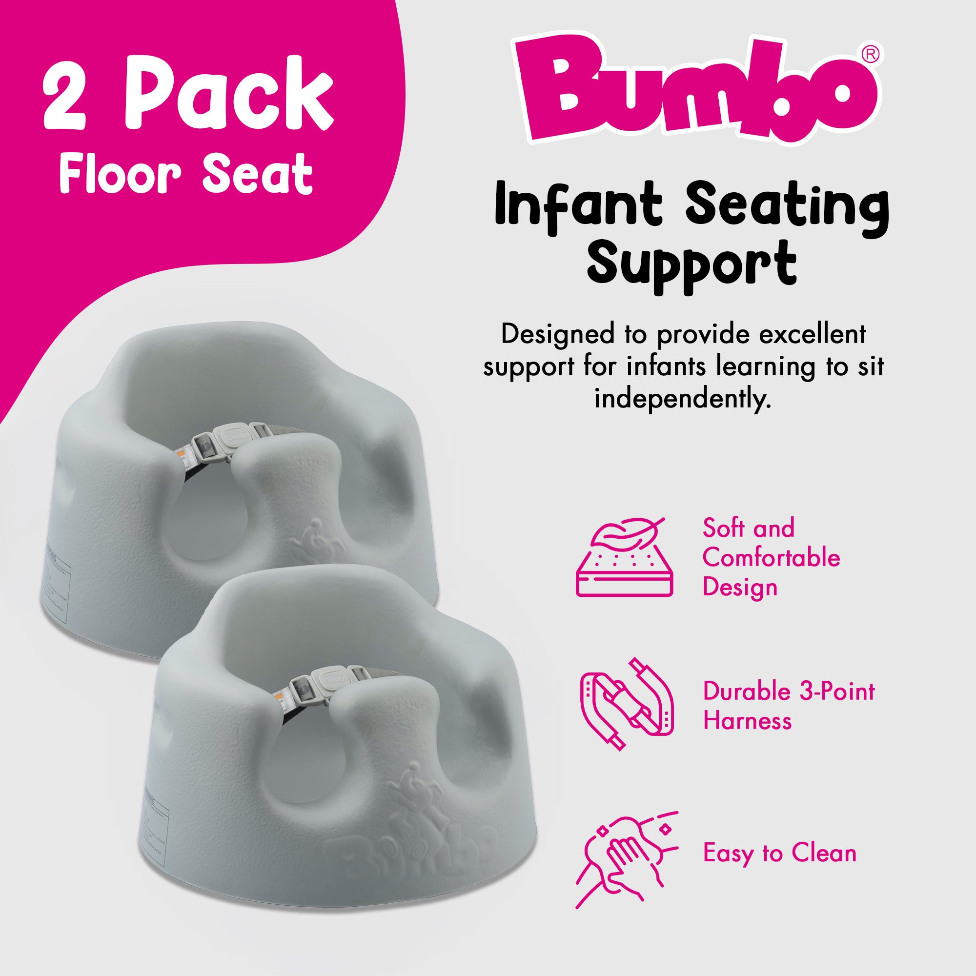 Bumbo Infant Soft Foam Floor Seat with 3 Point Adjustable Harness, Gray (2 Pack) - Smart-nests