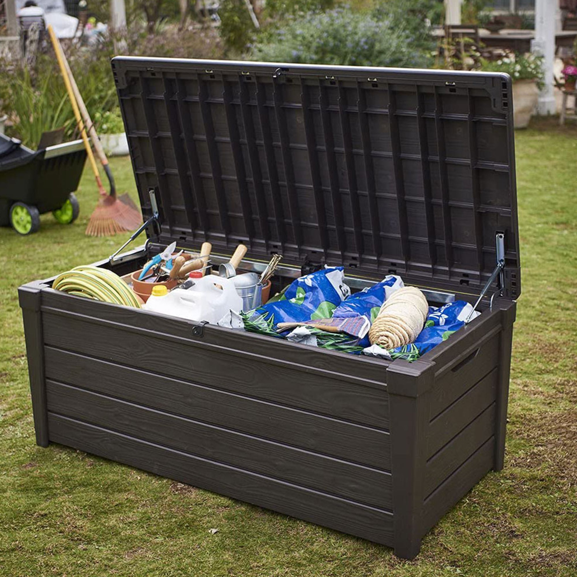 Keter Brightwood Weatherproof Resin Patio Deck Storage Box Bench, Brown (2 Pack) - Smart-nests