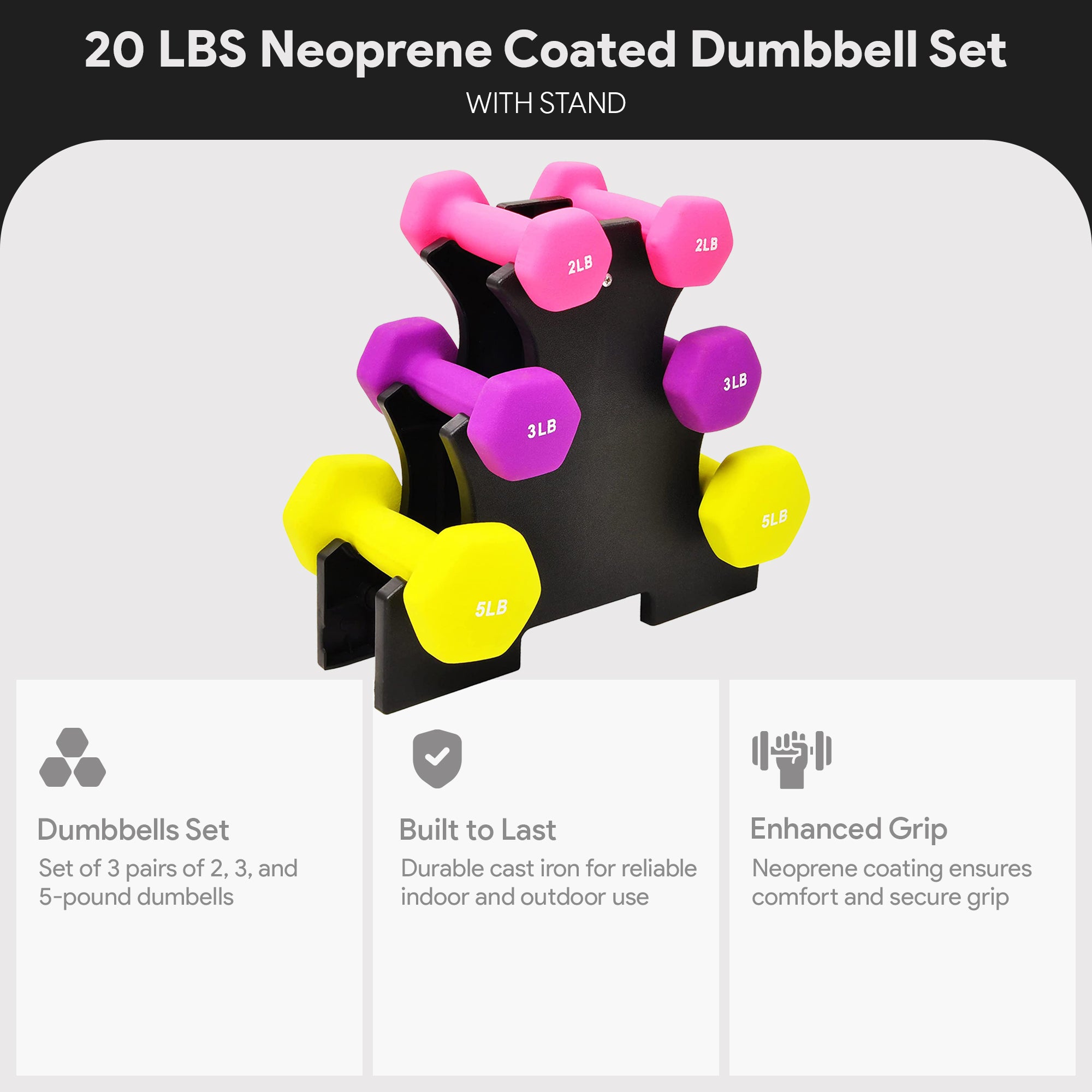 BalanceFrom Fitness 2, 3, and 5 Pound Neoprene Coated Dumbbell Set with Stand - Smart-nests