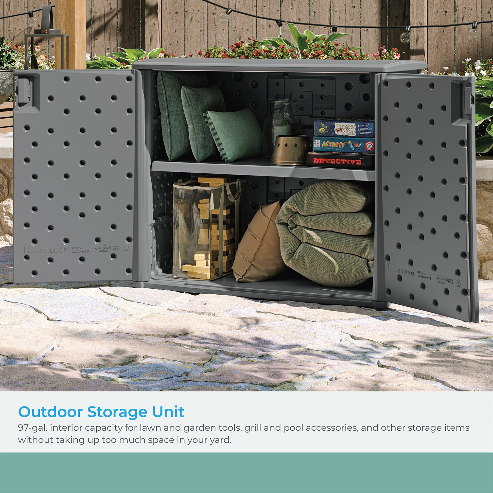 Suncast Lockable Outdoor Cabinet Deck Storage Box w/ Adjustable Shelf, Cool Gray - Smart-nests