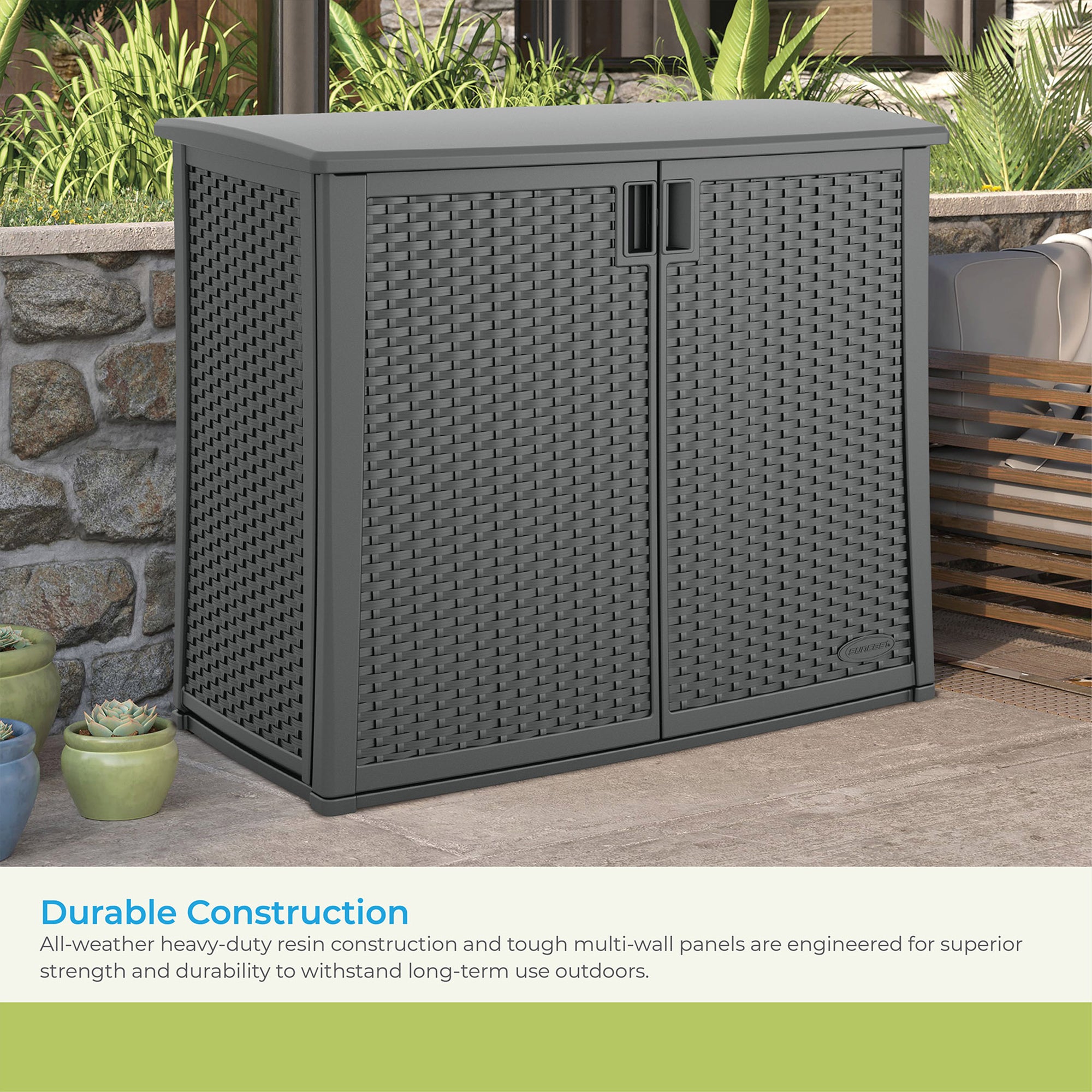 Suncast Lockable Outdoor Cabinet Deck Storage Box w/ Adjustable Shelf, Cool Gray - Smart-nests