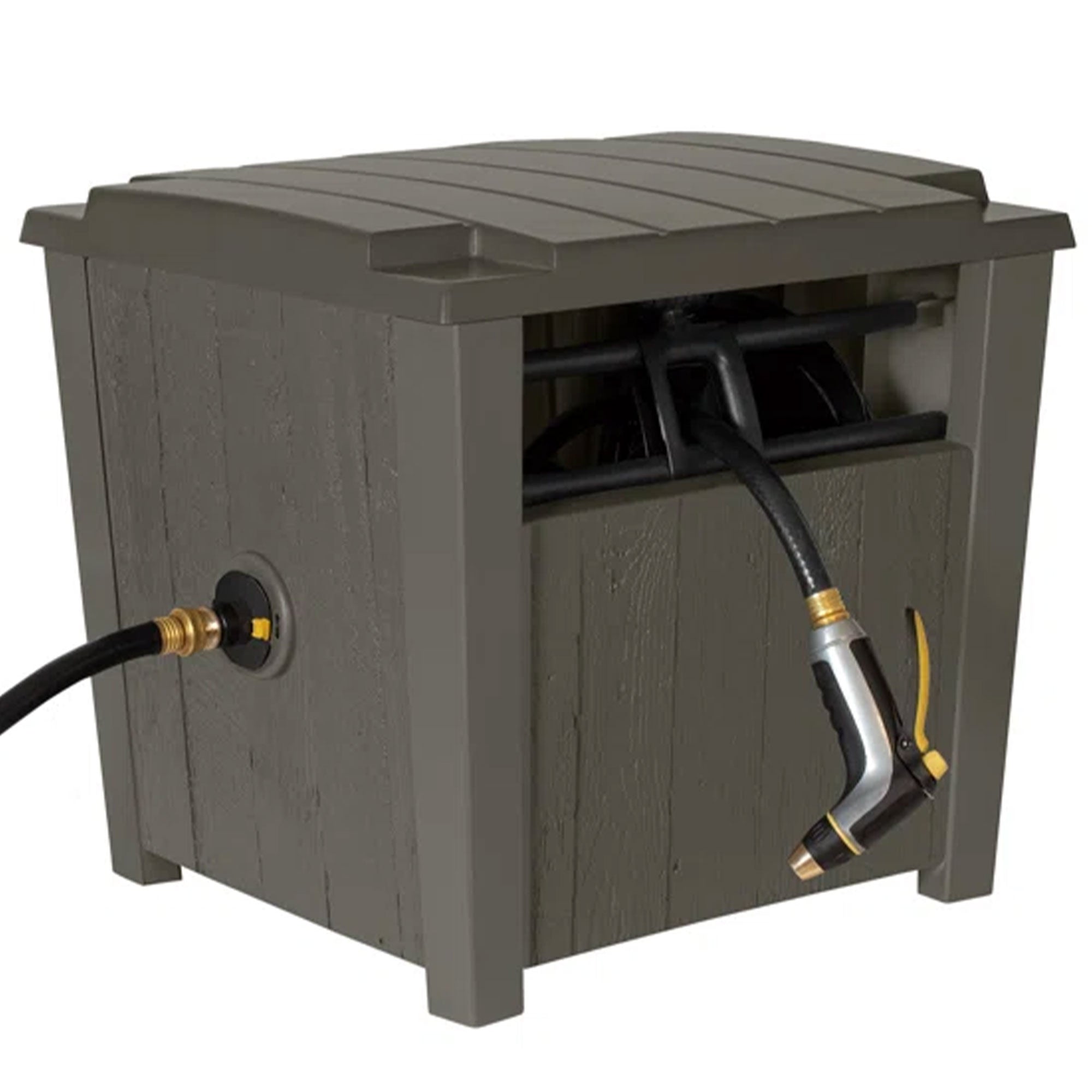 Suncast Farmington Hideaway Outdoor Garden Hose Storage Pot Container, Stoney - Smart-nests