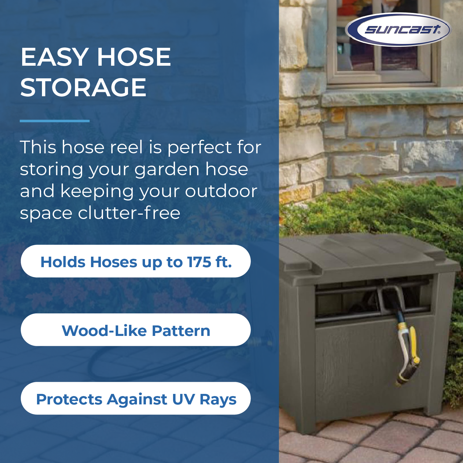 Suncast Farmington Hideaway Outdoor Garden Hose Storage Pot Container, Stoney - Smart-nests