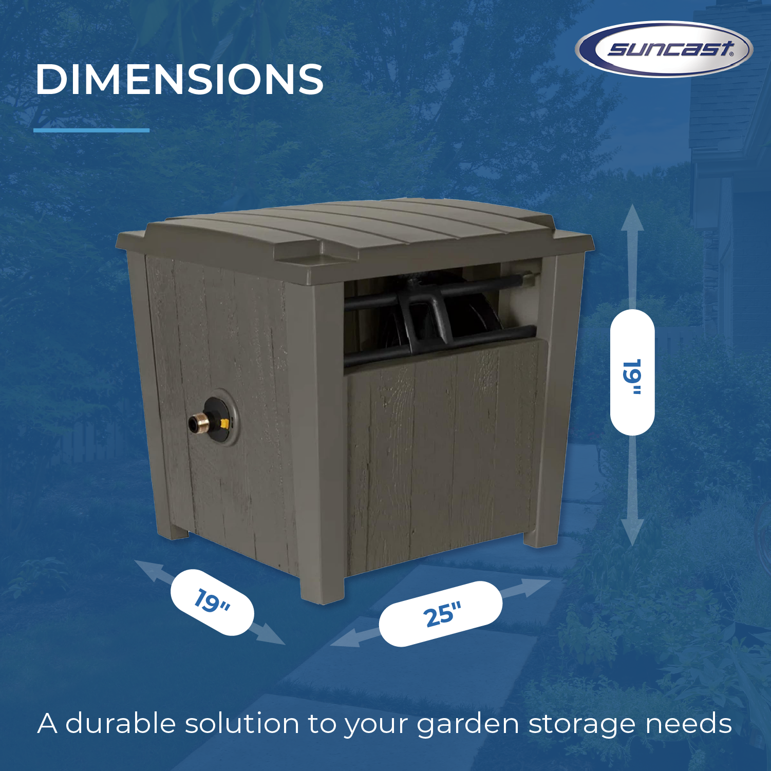 Suncast Farmington Hideaway Outdoor Garden Hose Storage Pot Container, Stoney - Smart-nests