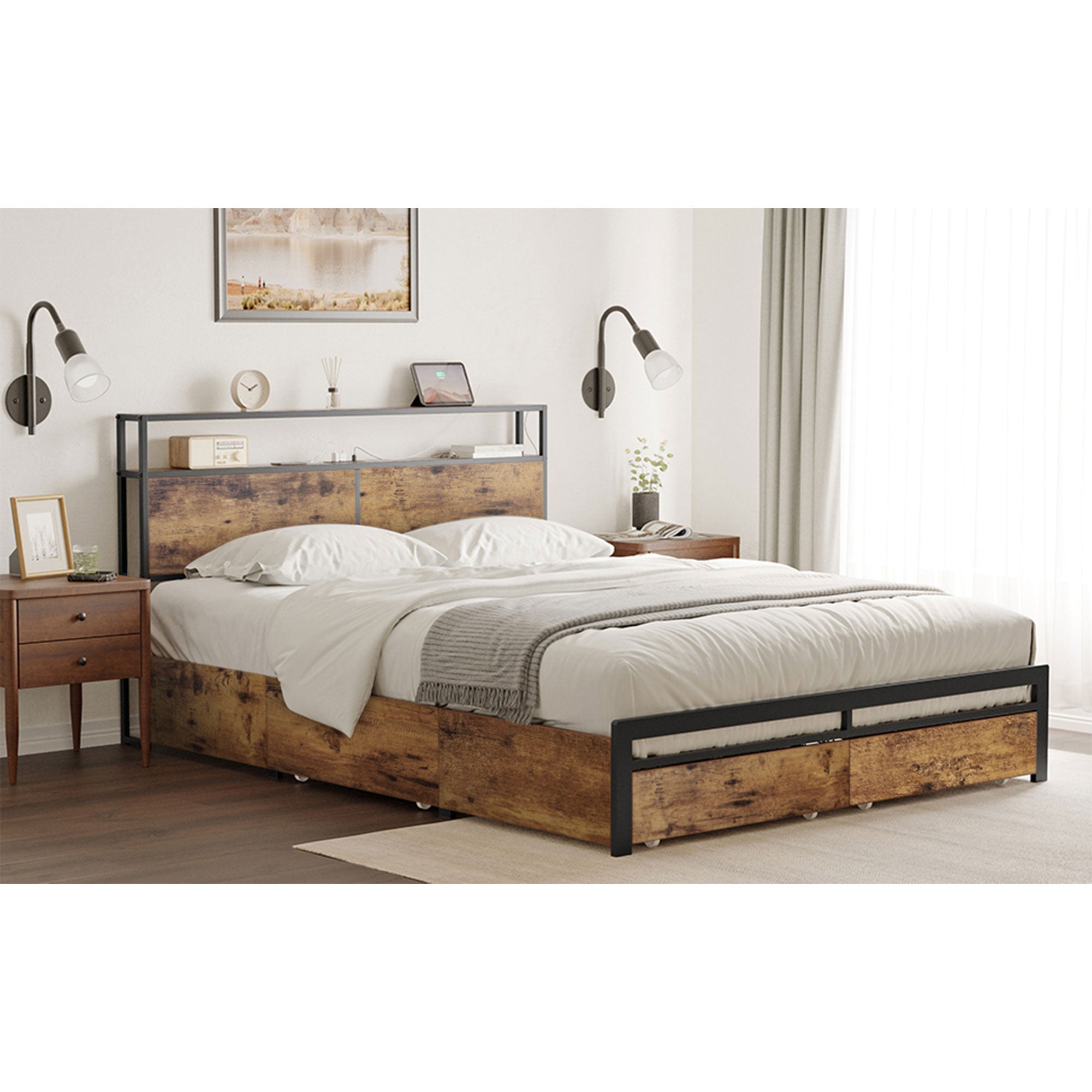 HAUSOURCE Queen Platform Bed Frame w/ Headboard, Drawers & Outlets, Rustic Brown - Smart-nests