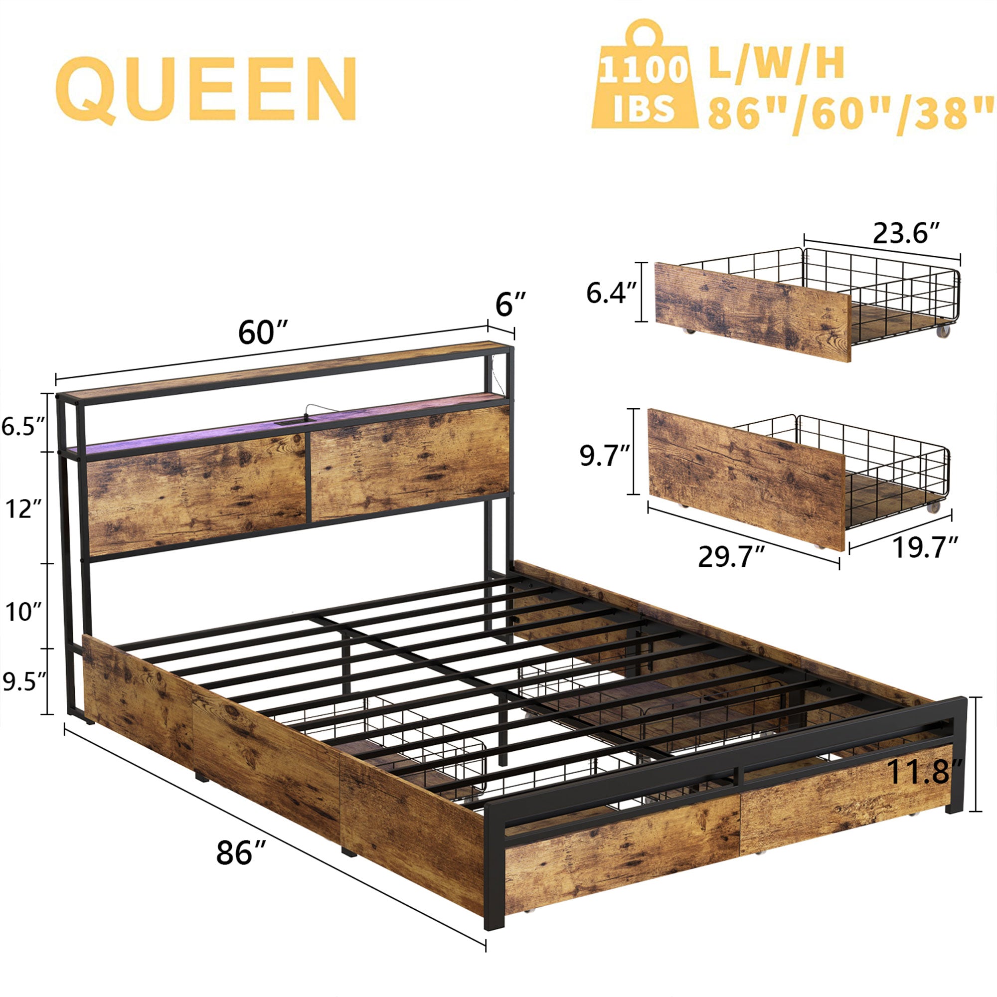 HAUSOURCE Queen Platform Bed Frame w/ Headboard, Drawers & Outlets, Rustic Brown - Smart-nests
