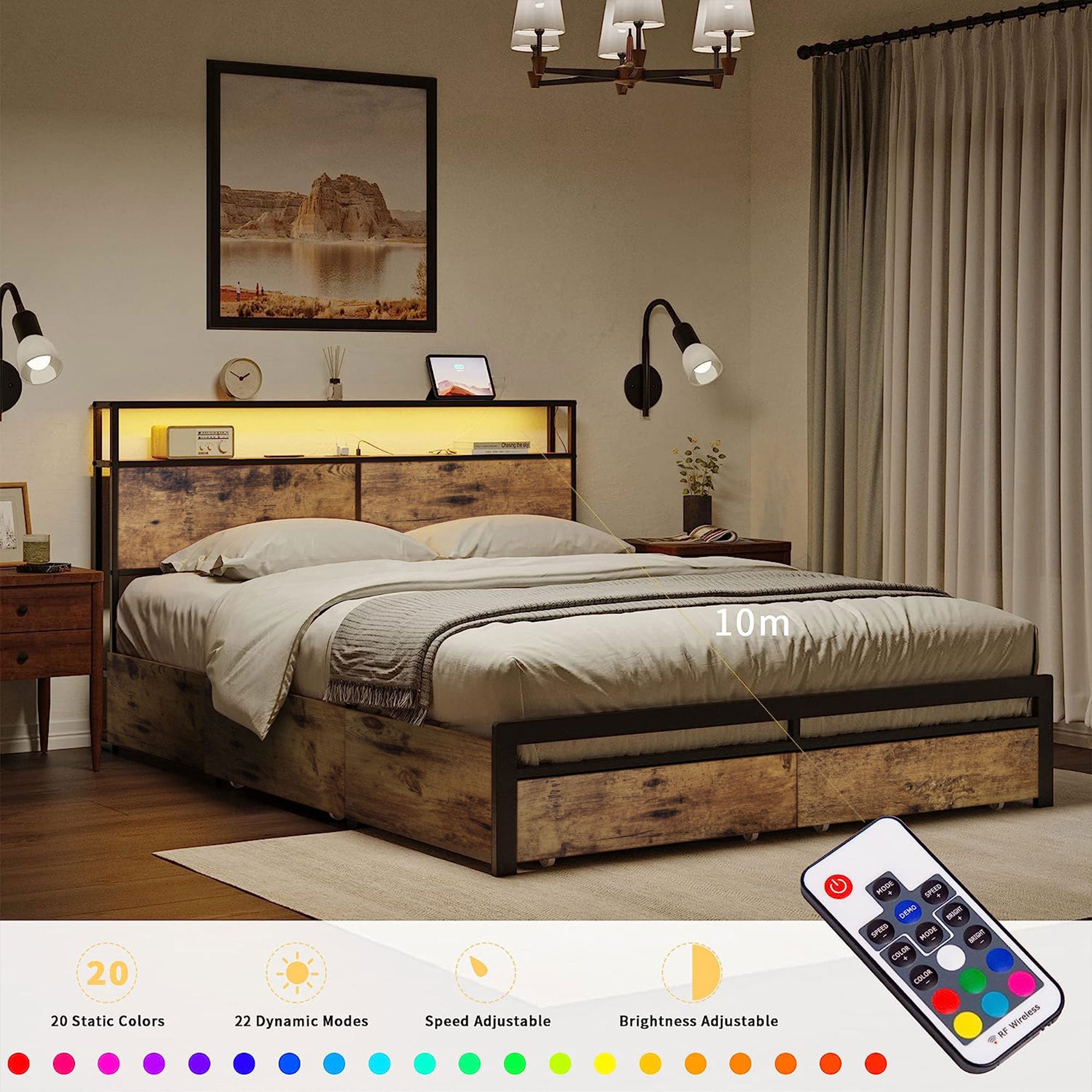 HAUSOURCE Queen Platform Bed Frame w/ Headboard, Drawers & Outlets, Rustic Brown - Smart-nests