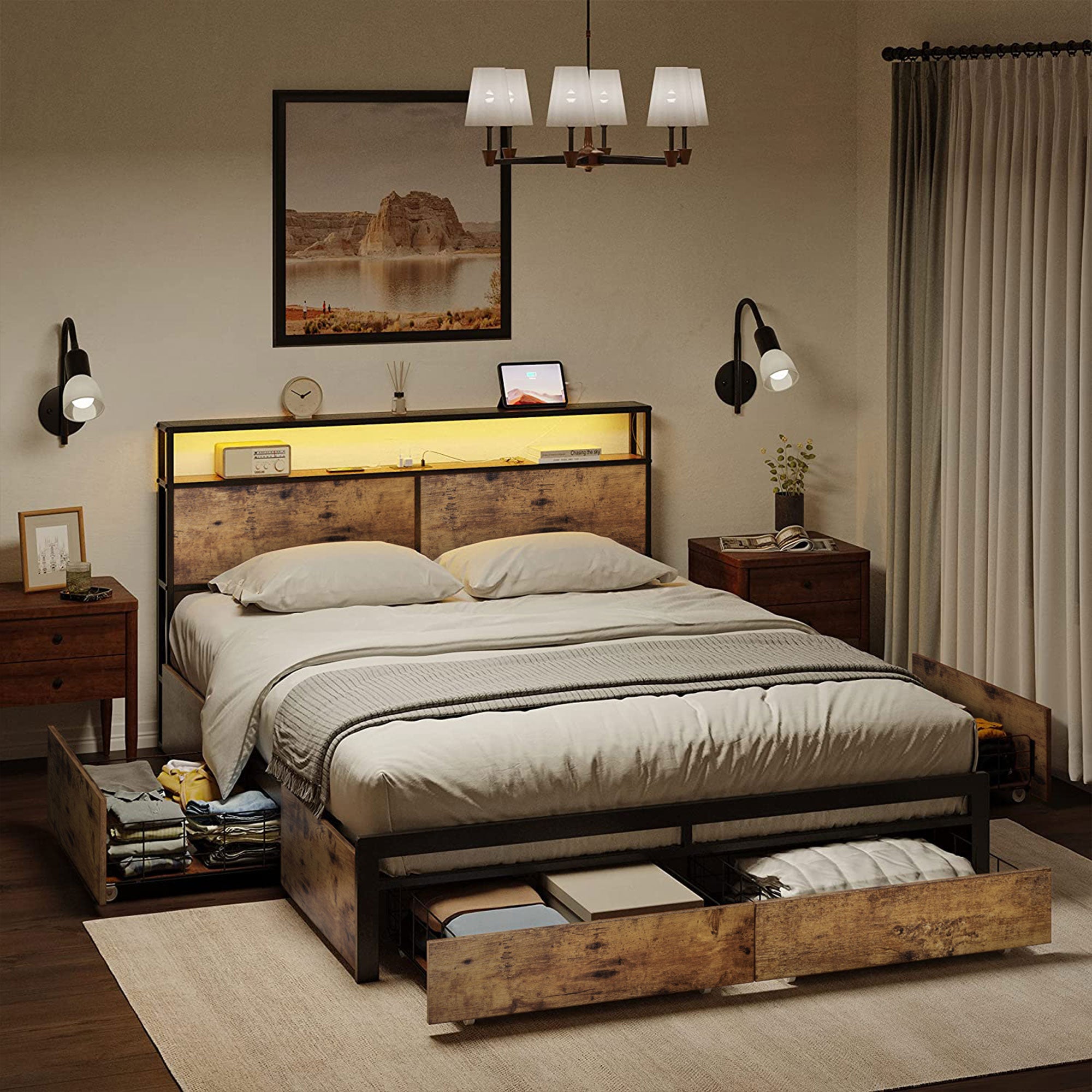 HAUSOURCE Queen Platform Bed Frame w/ Headboard, Drawers & Outlets, Rustic Brown - Smart-nests