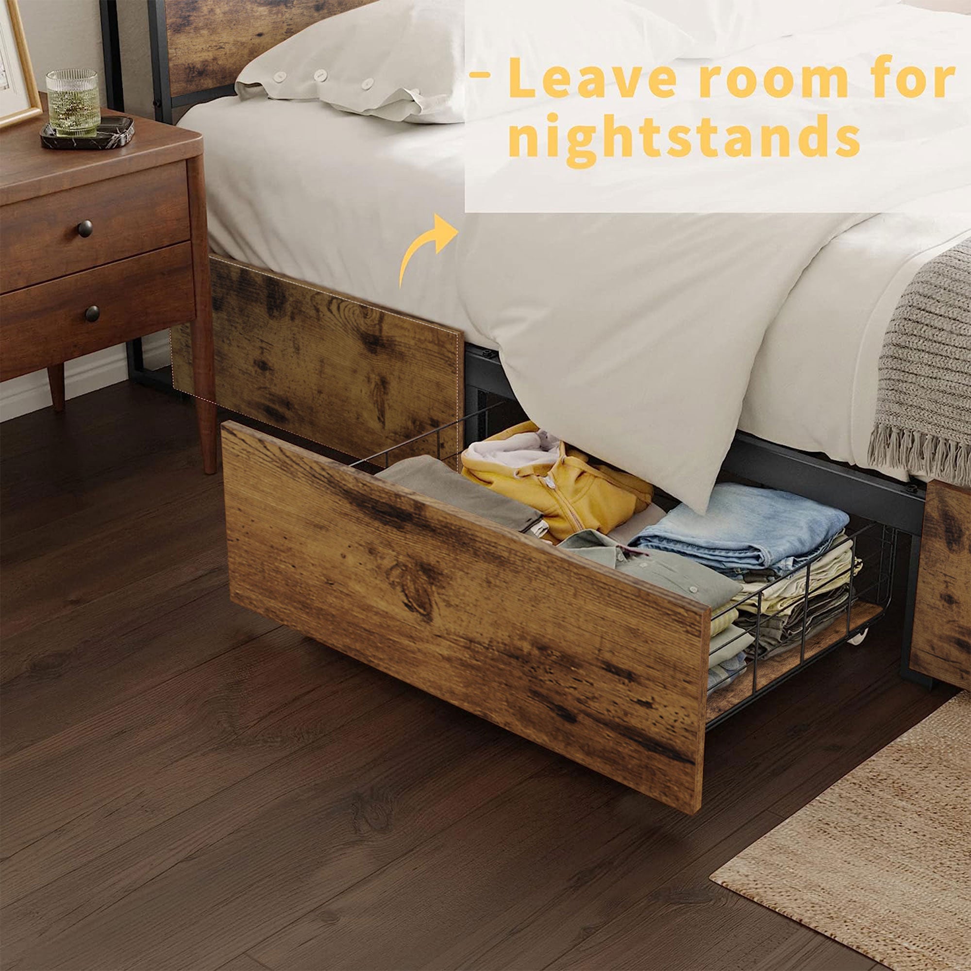 HAUSOURCE Queen Platform Bed Frame w/ Headboard, Drawers & Outlets, Rustic Brown - Smart-nests