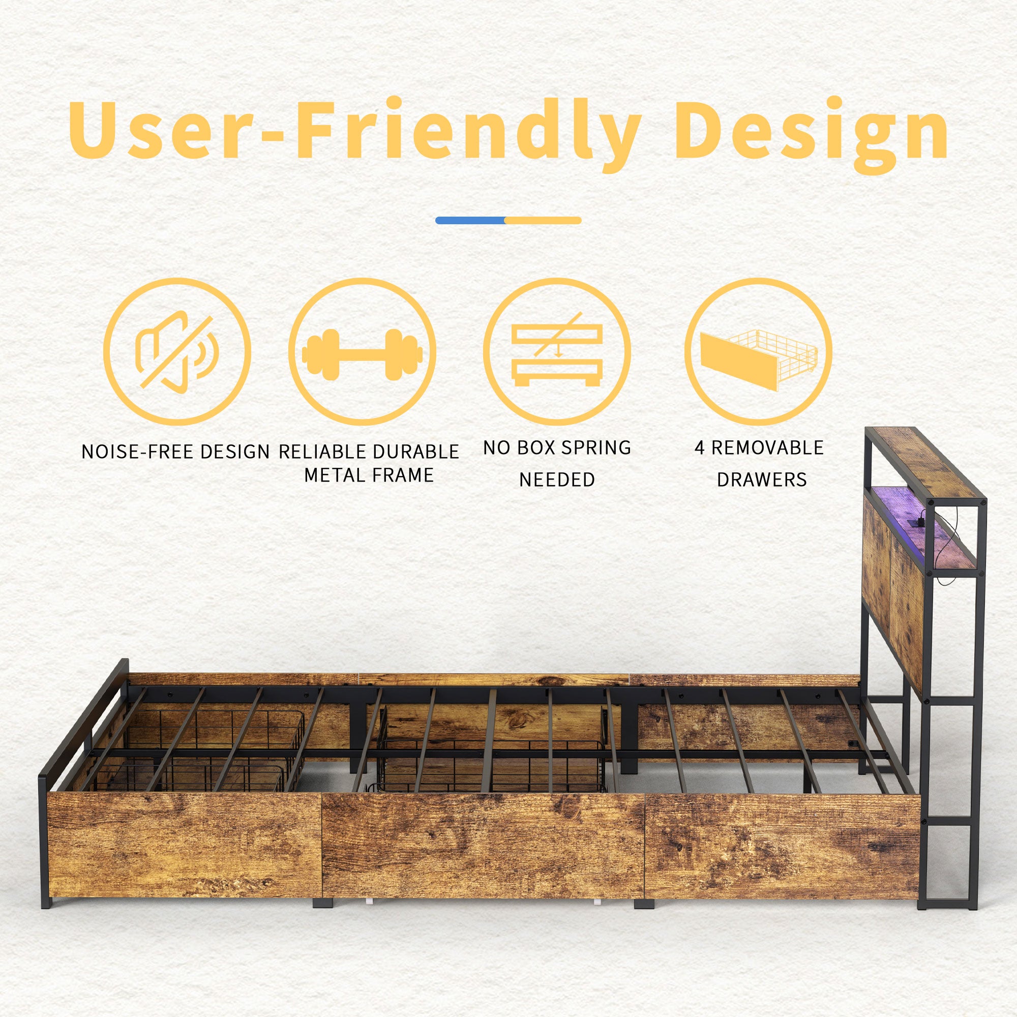 HAUSOURCE Queen Platform Bed Frame w/ Headboard, Drawers & Outlets, Rustic Brown - Smart-nests