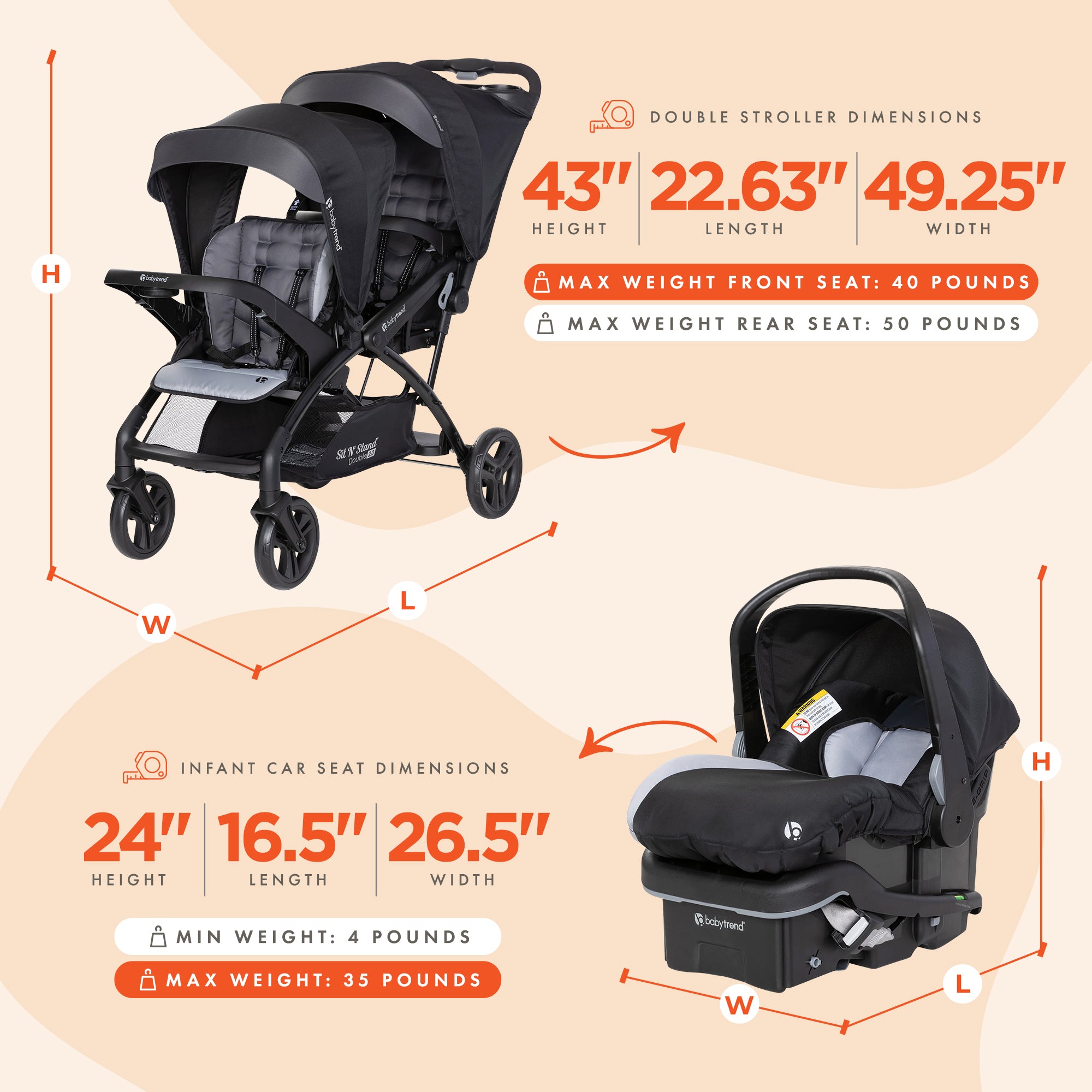 Baby Trend Sit N Stand Double Stroller with EZ-Lift Plus Infant Car Seat, Stormy - Smart-nests