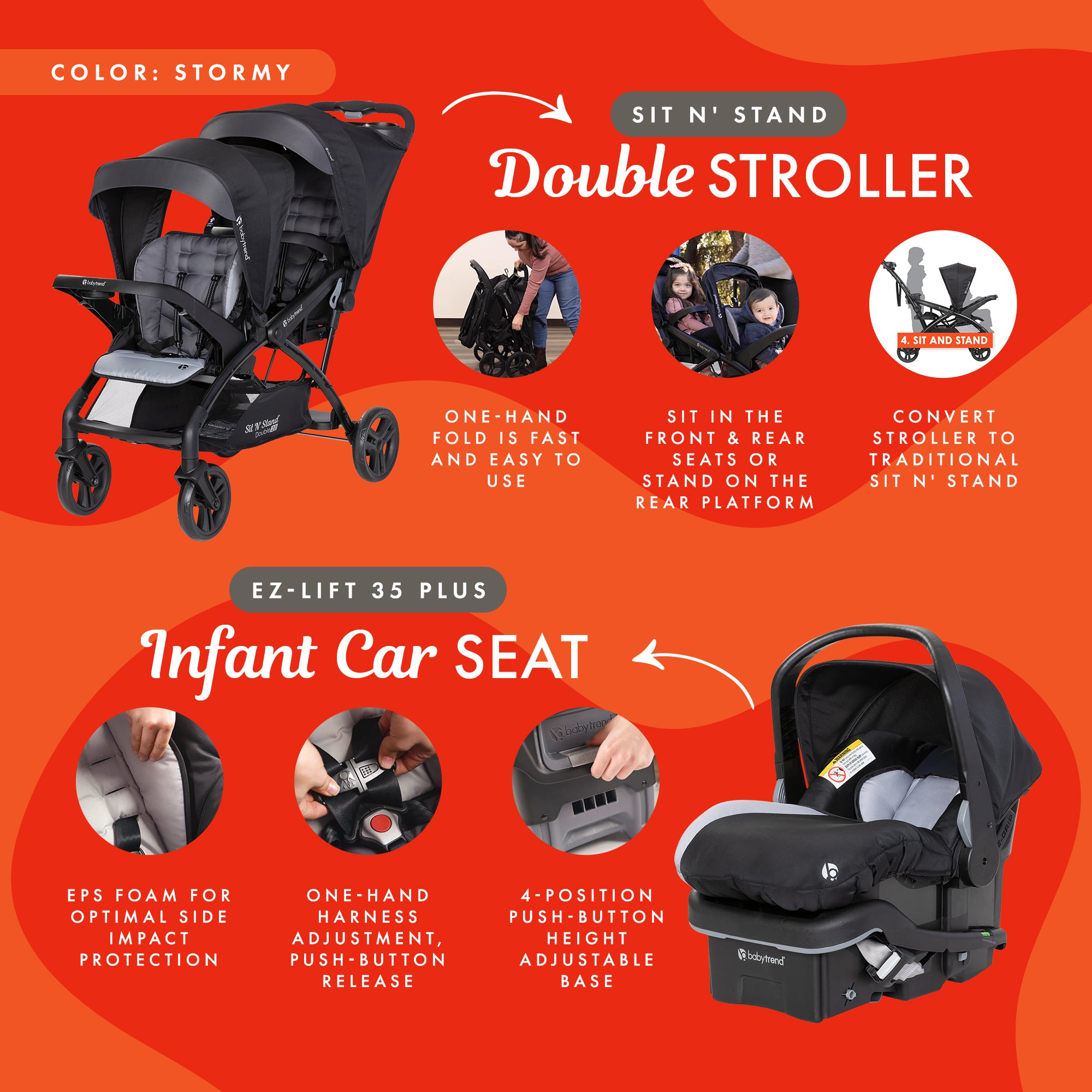 Baby Trend Sit N Stand Double Stroller with EZ-Lift Plus Infant Car Seat, Stormy - Smart-nests