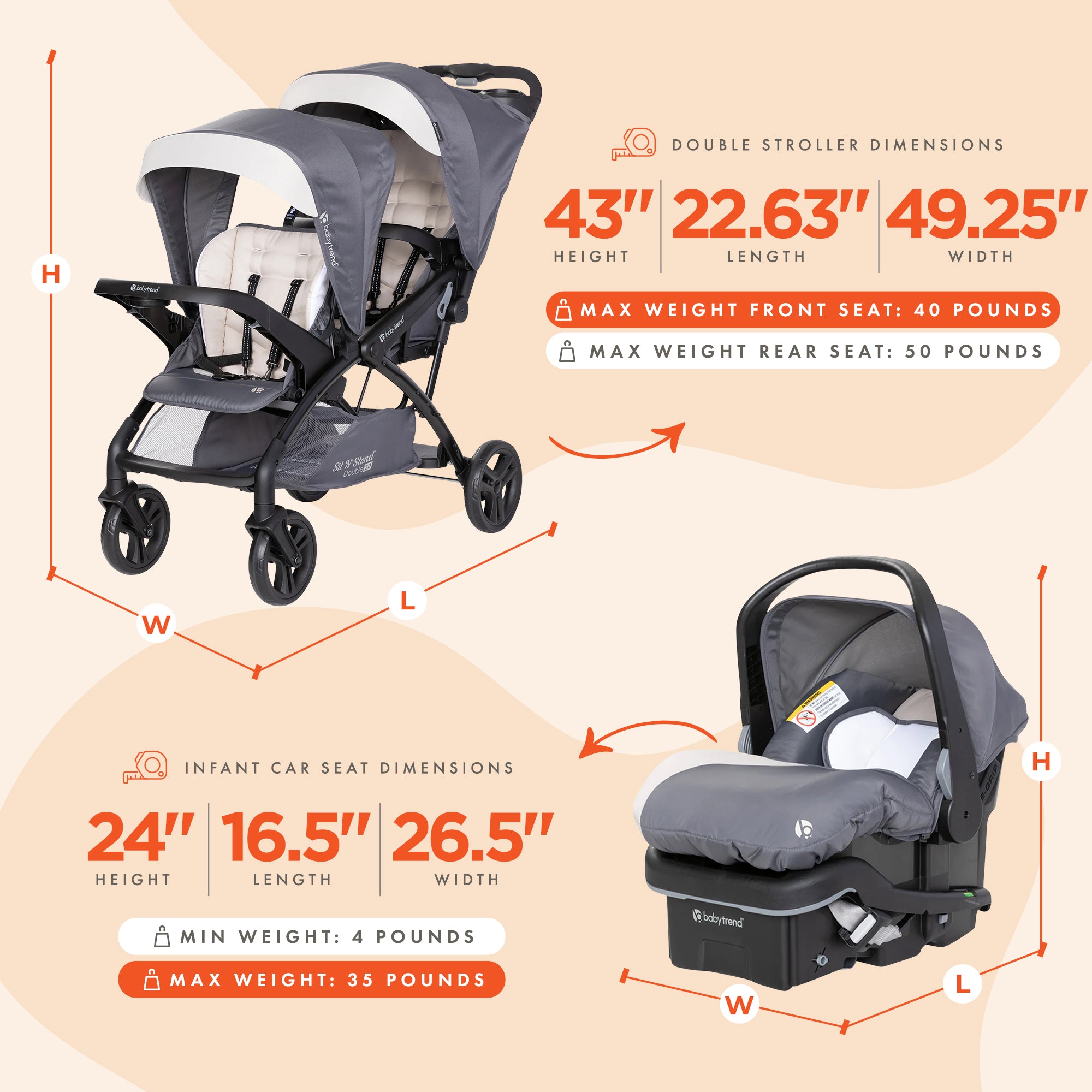 Baby Trend Sit N' Stand Double Stroller w/EZ-Lift Plus Infant Car Seat, Magnolia - Smart-nests