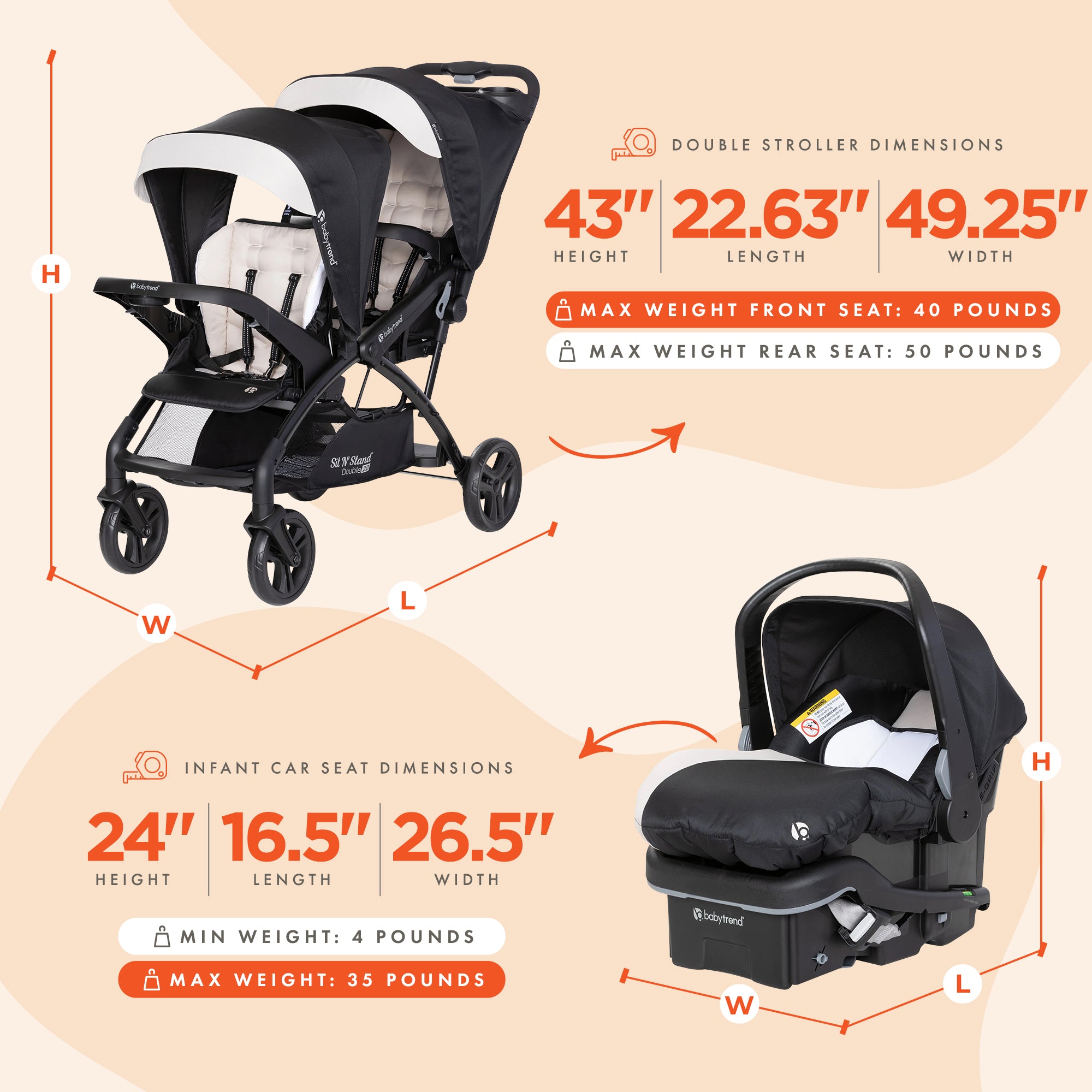 Baby Trend Sit N' Stand Double Stroller with EZ-Lift Plus Infant Car Seat, Khaki - Smart-nests
