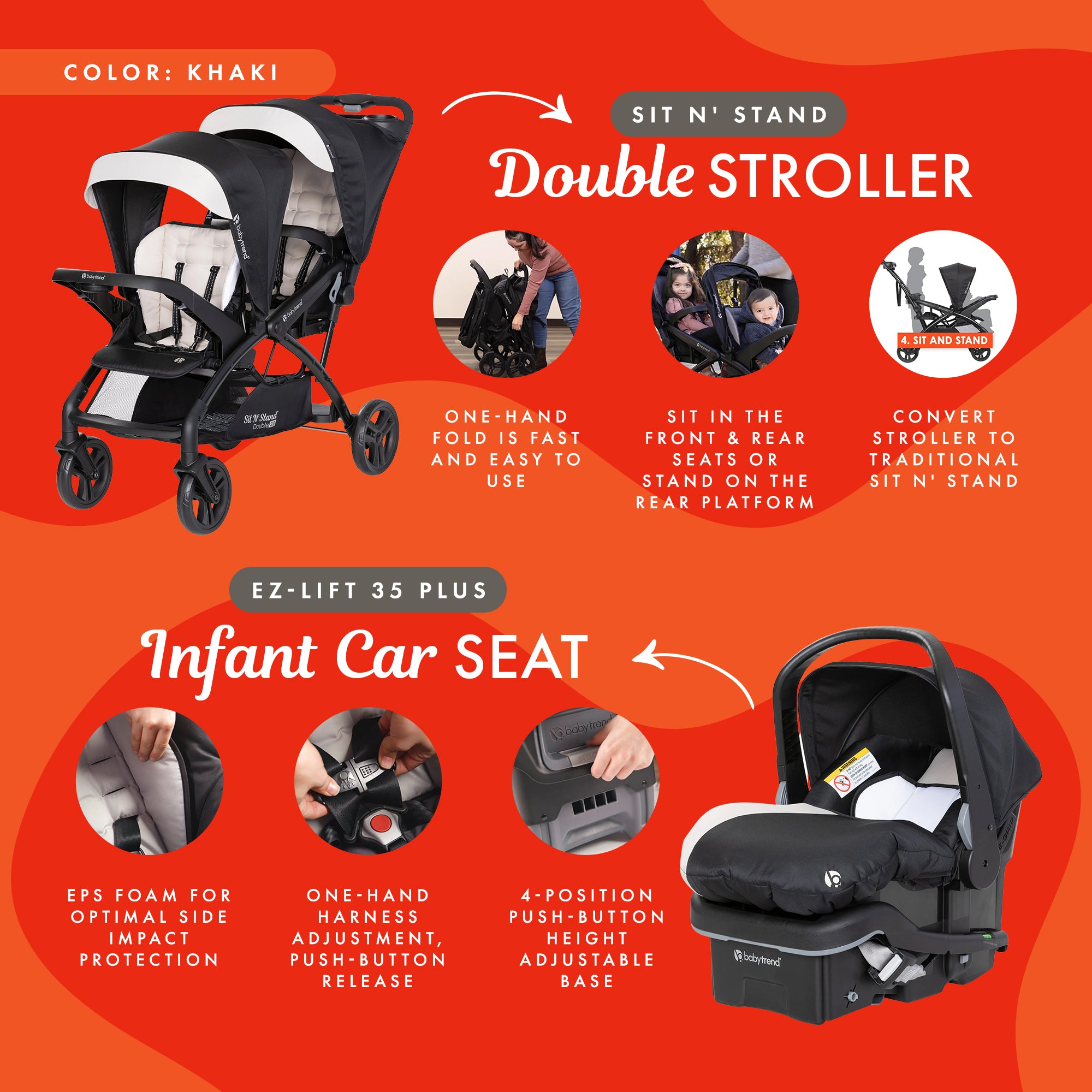 Baby Trend Sit N' Stand Double Stroller with EZ-Lift Plus Infant Car Seat, Khaki - Smart-nests