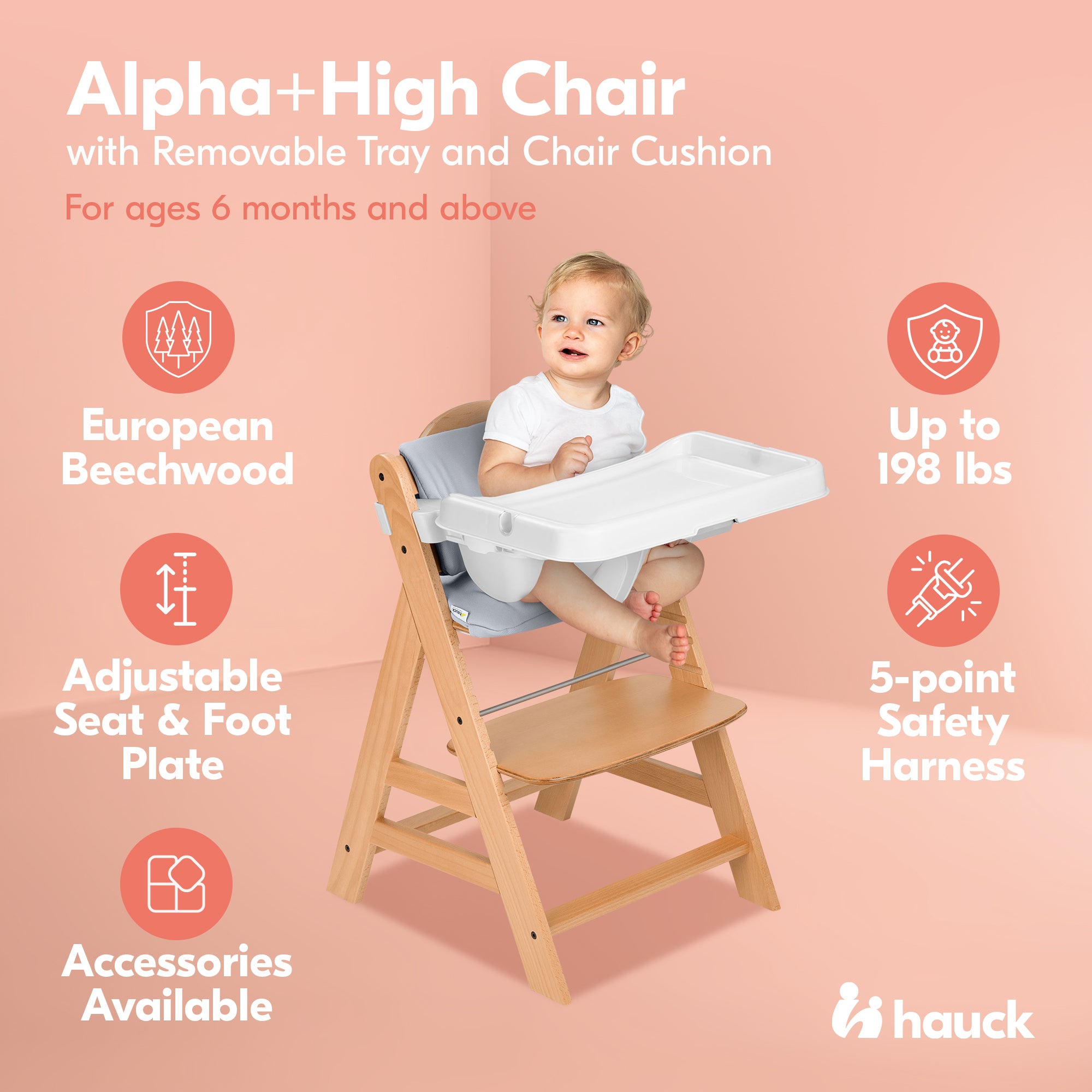 hauck Alpha+ Grow Along Wooden High Chair w/White Tray Table & Grey Cushion - Smart-nests