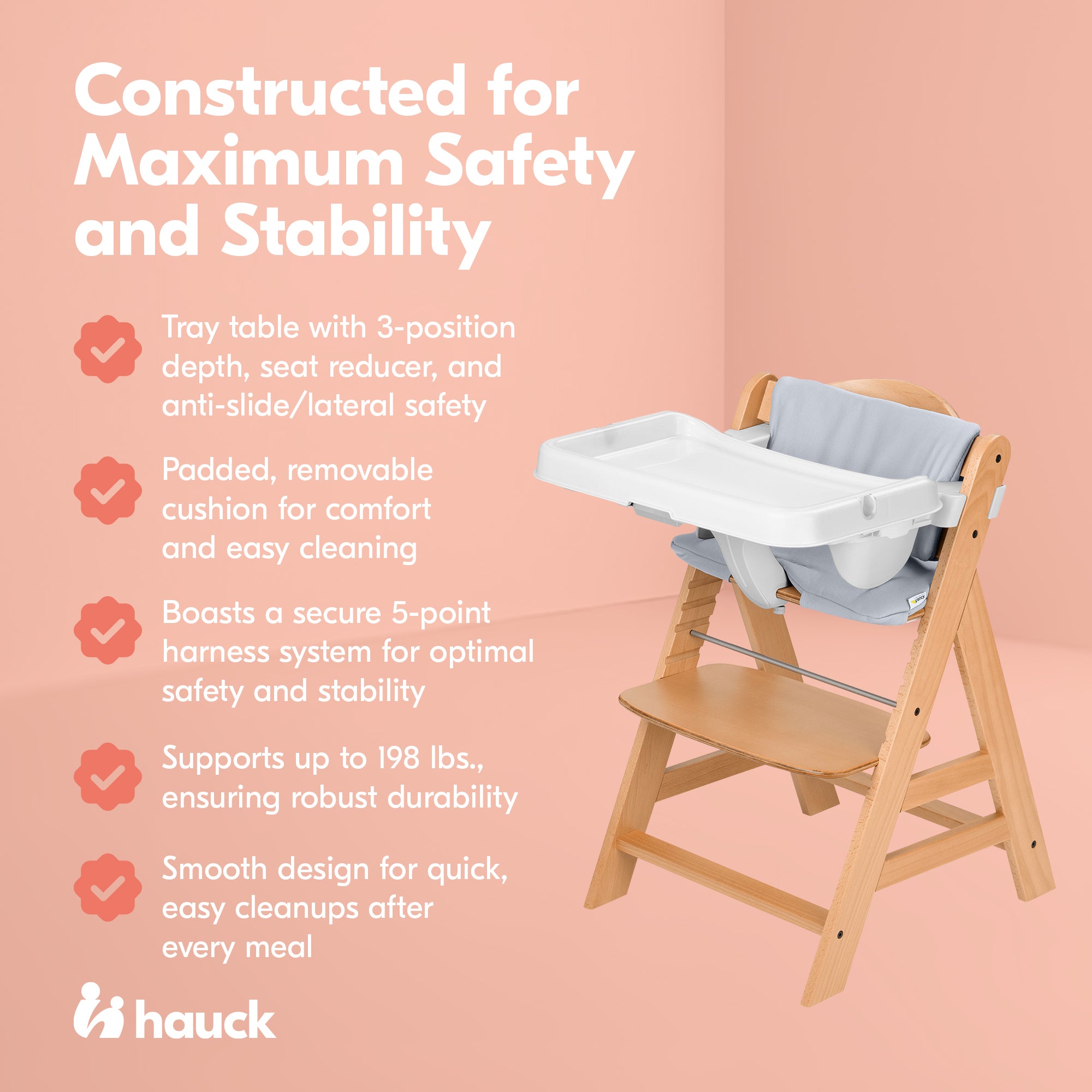hauck Alpha+ Grow Along Wooden High Chair w/White Tray Table & Grey Cushion - Smart-nests