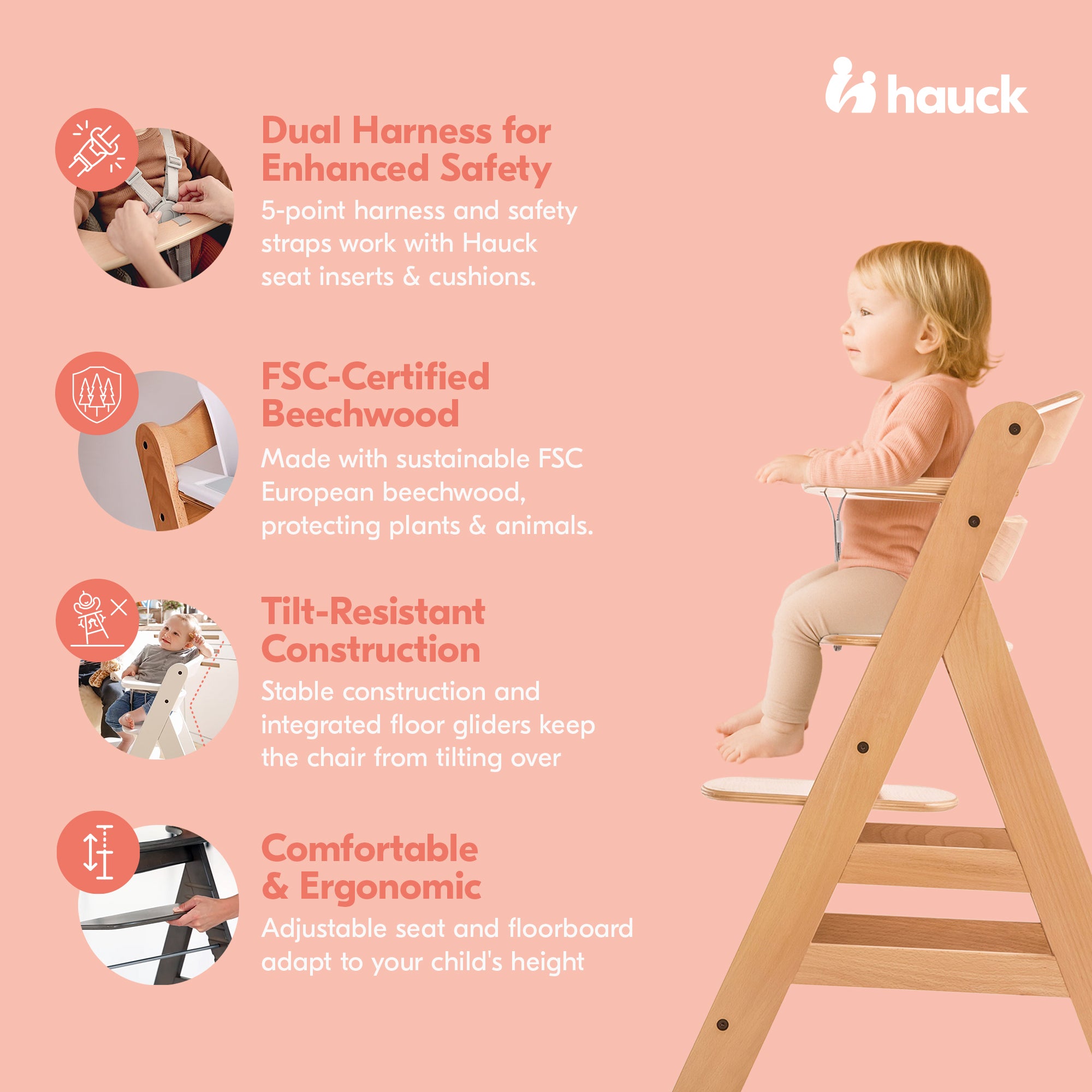 hauck Alpha+ Grow Along Wooden High Chair w/White Tray Table & Grey Cushion - Smart-nests