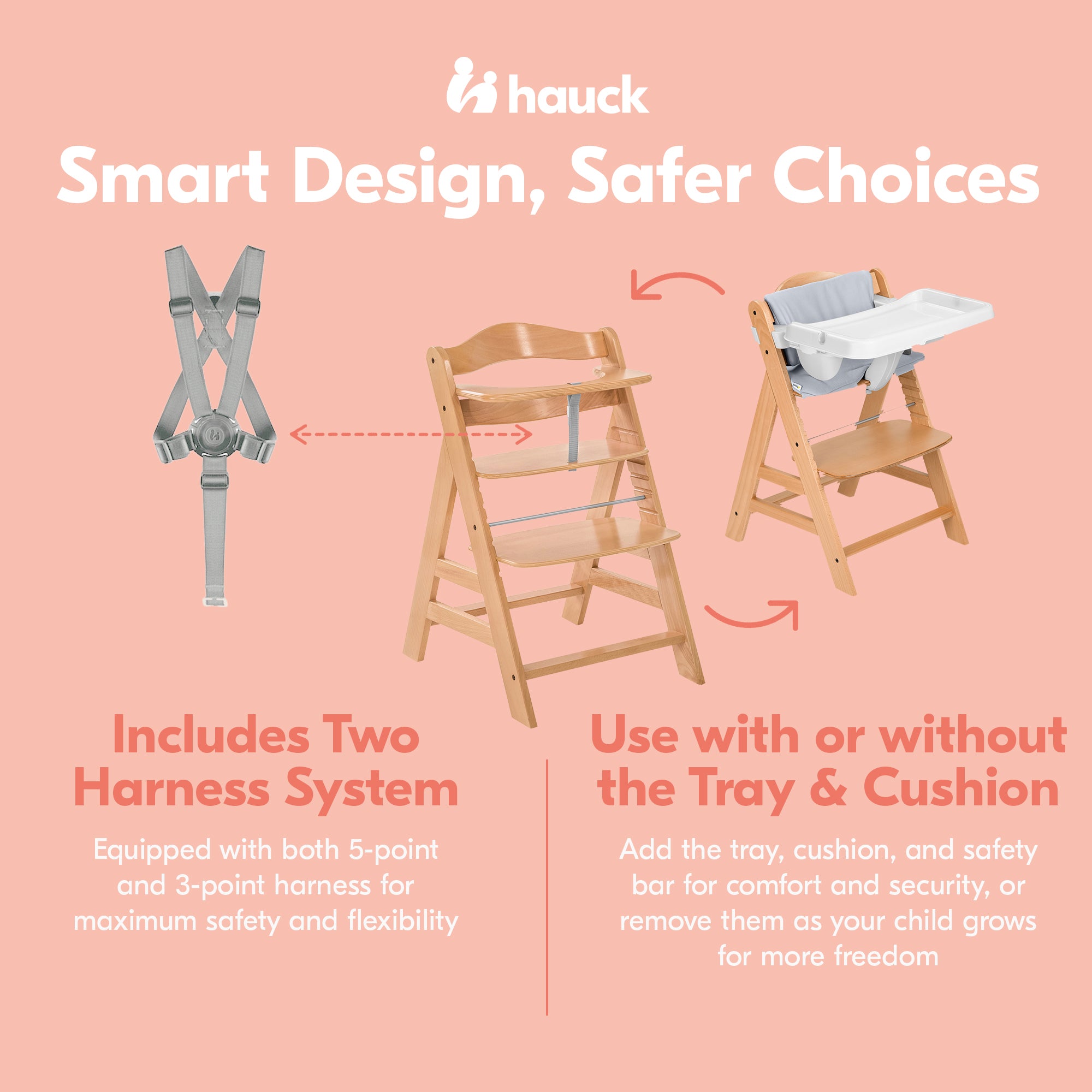 hauck Alpha+ Grow Along Wooden High Chair w/White Tray Table & Grey Cushion - Smart-nests