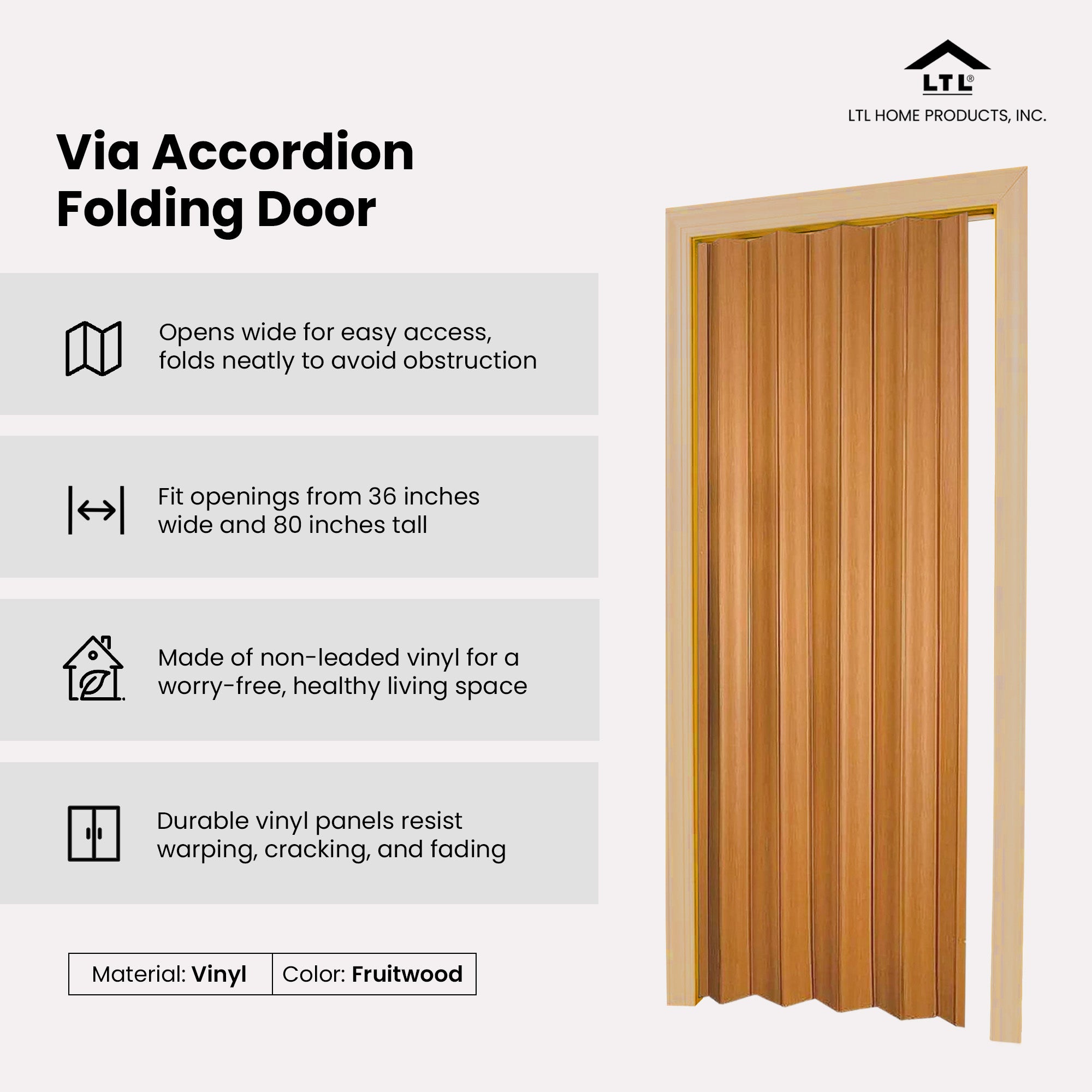 LTL Home Products Via 36" x 80" Vinyl Hinged Single Folding Door, Fruitwood - Smart-nests