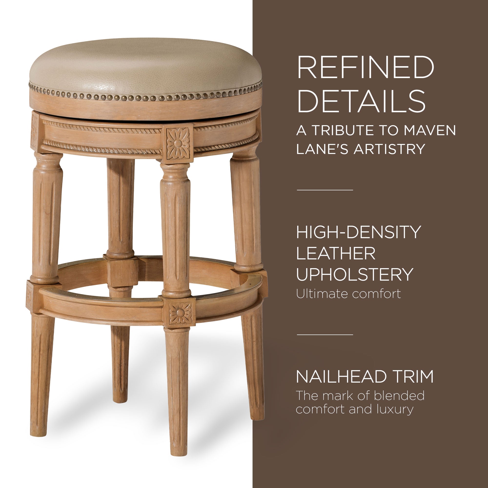 Maven Lane Pullman Backless Bar Stool in Weathered Oak Finish w/ Avanti Bone Vegan Leather - Smart-nests