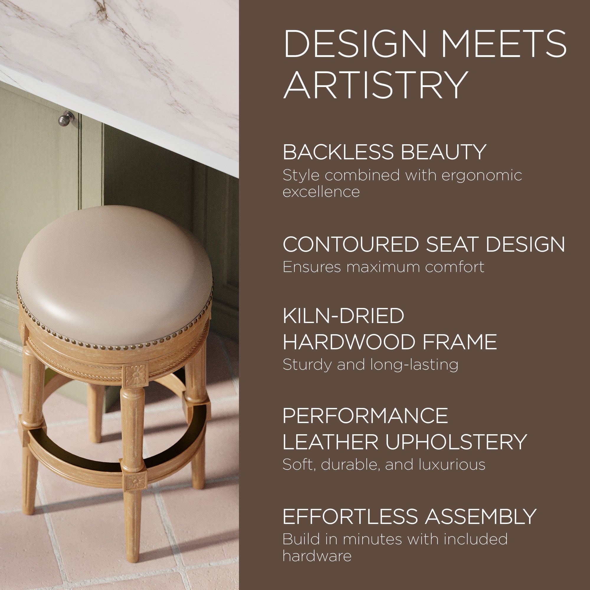 Maven Lane Pullman Backless Bar Stool in Weathered Oak Finish w/ Avanti Bone Vegan Leather - Smart-nests