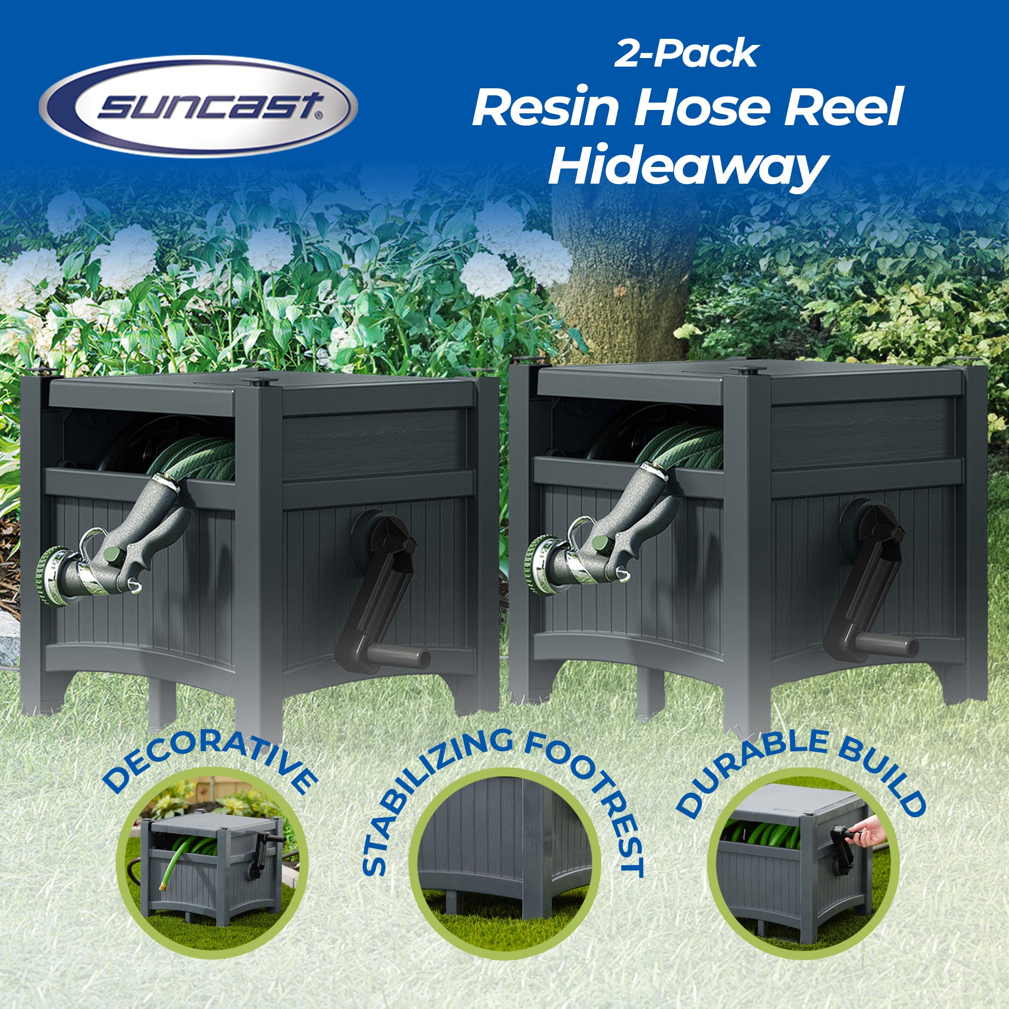 Suncast Hideaway 100 Ft Garden Hose Reel for 5/8 Inch Hoses, Cyberspace (2 Pack) - Smart-nests