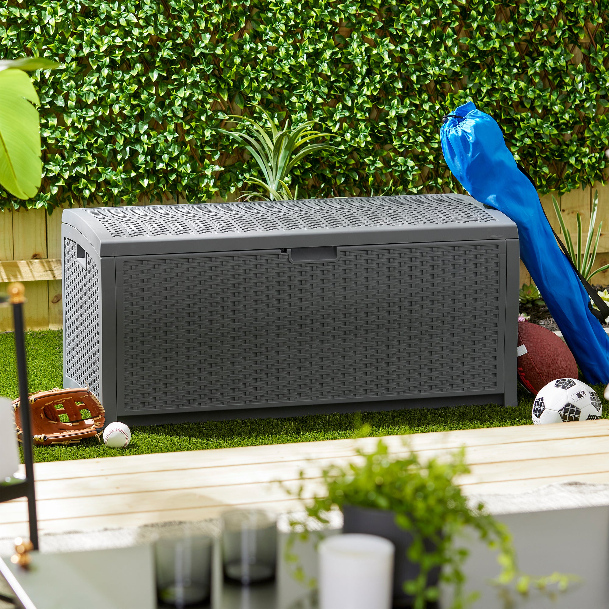 Suncast 73 Gallon Wicker Outdoor Patio Storage Deck Box, Cyberspace (2 Pack) - Smart-nests