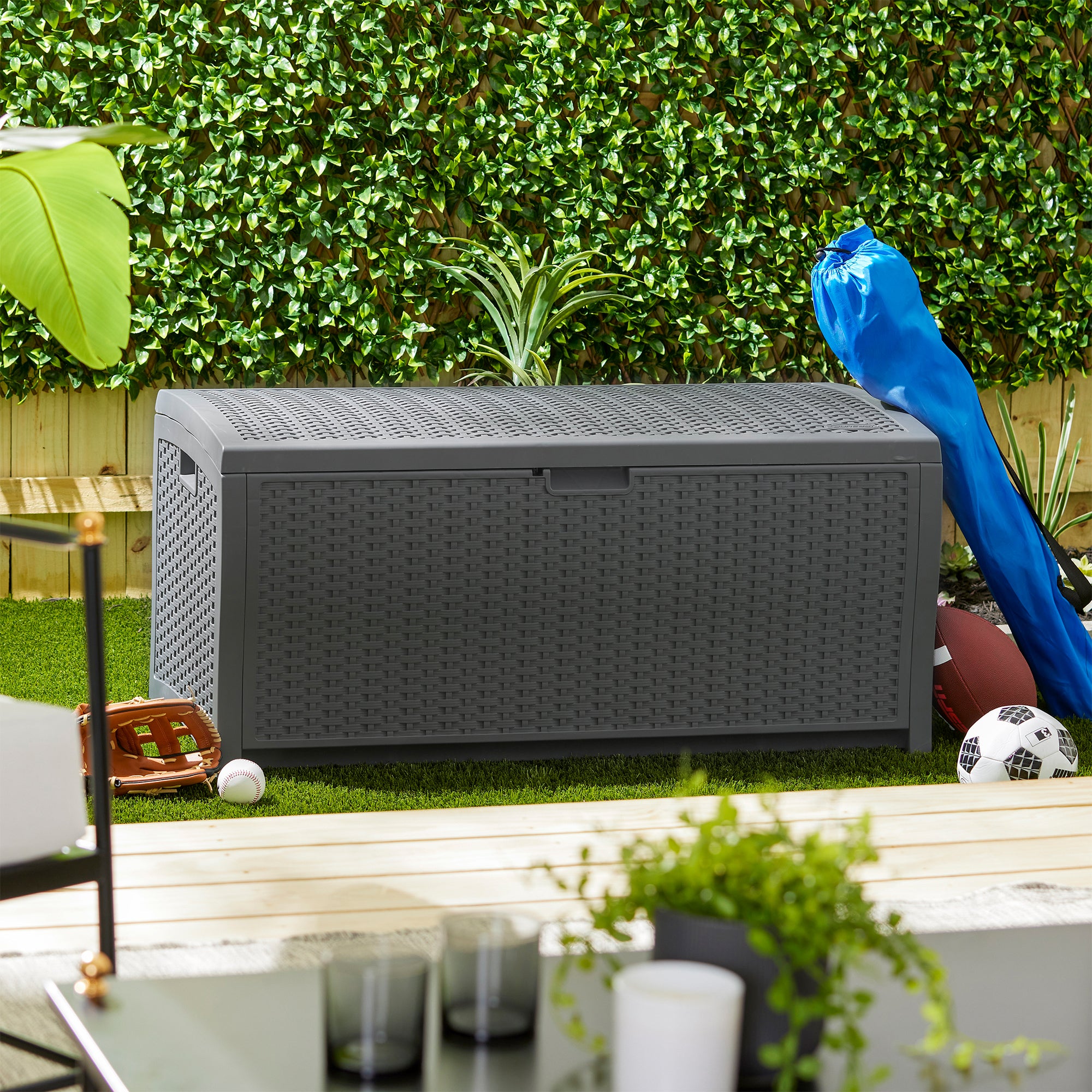 Suncast 73 Gallon Wicker Outdoor Patio Storage Deck Box, Cyberspace (2 Pack) - Smart-nests