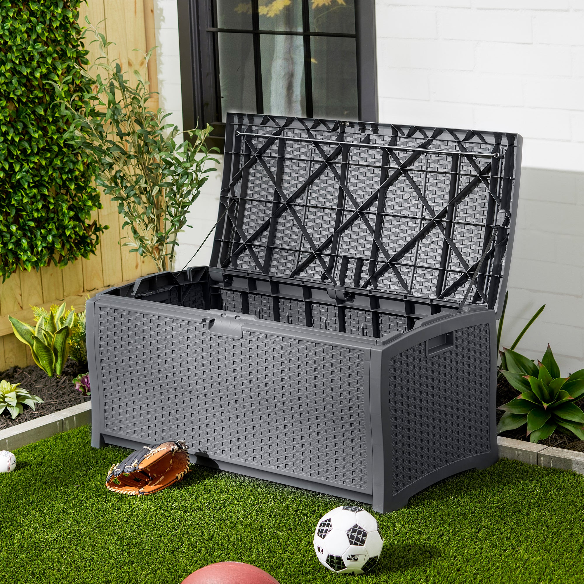 Suncast 73 Gallon Wicker Outdoor Patio Storage Deck Box, Cyberspace (2 Pack) - Smart-nests