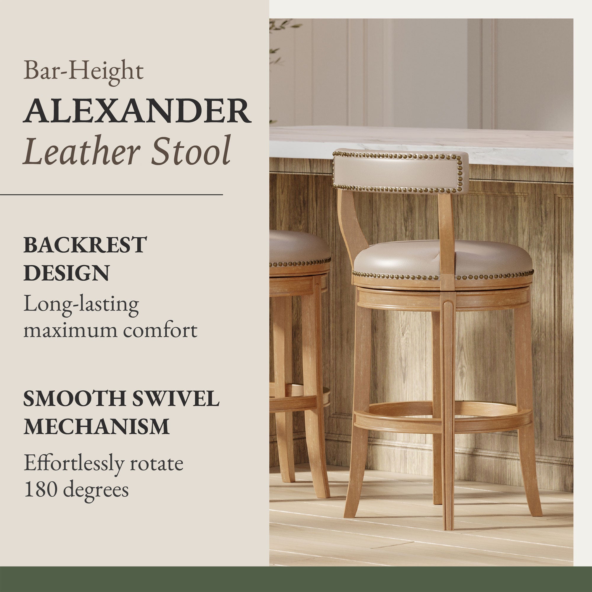 Maven Lane Alexander Bar Stool, Weathered Oak Finish w/ Avanti Bone Vegan Leather - Smart-nests