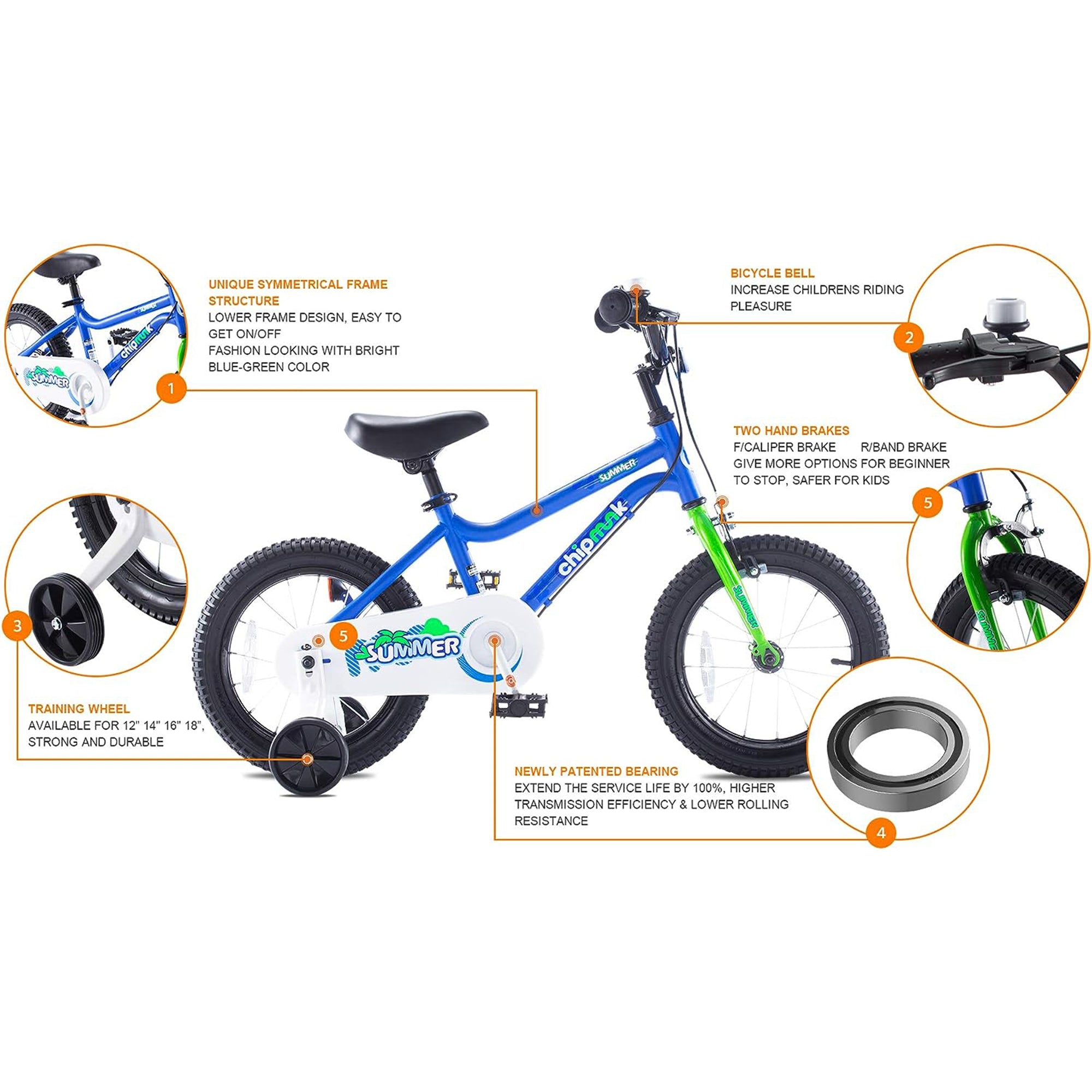 RoyalBaby Chipmunk 12" Toddler Kids Bike with Training Wheels & Bell, Blue - Smart-nests