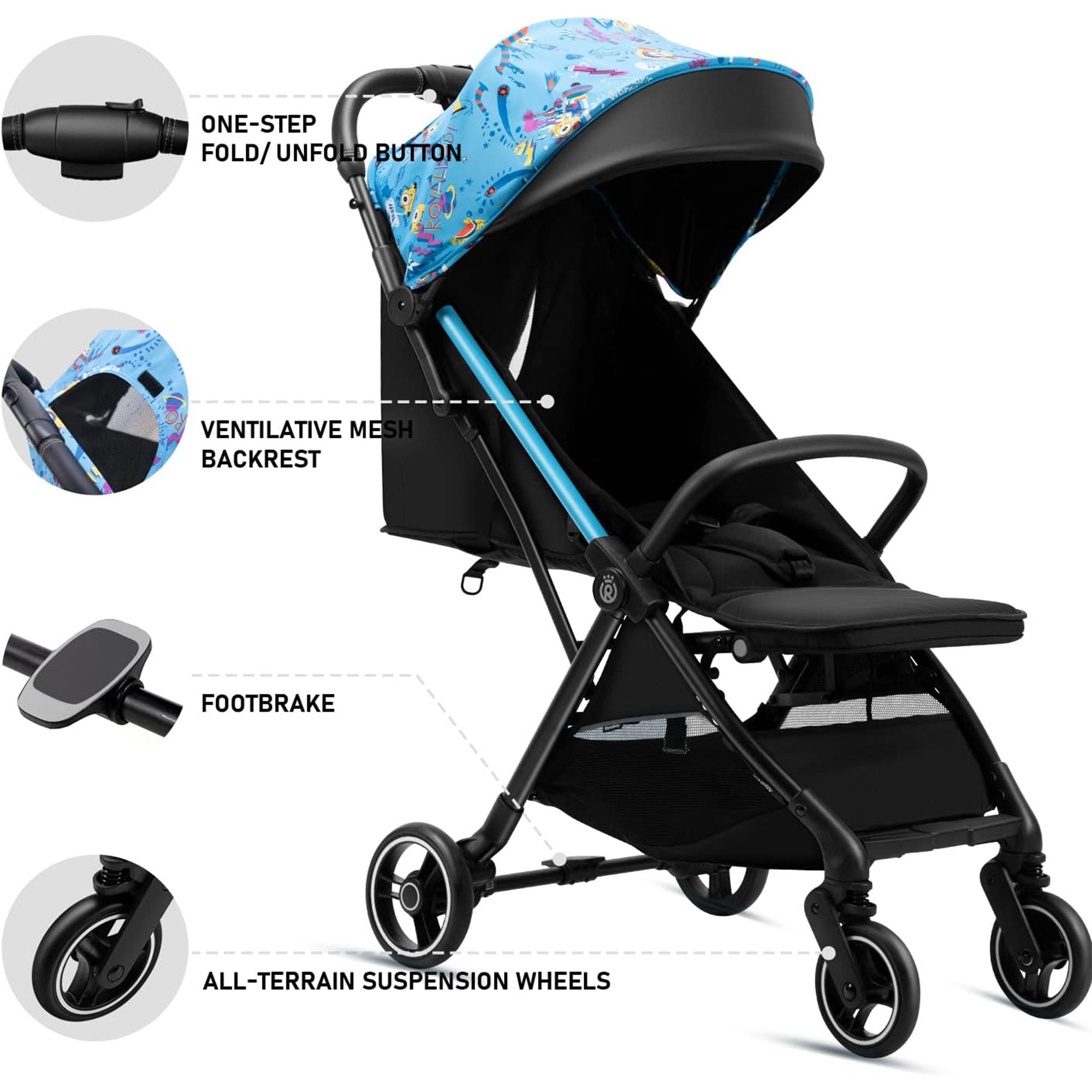 RoyalBaby 360 Classic Seat Compact Fold Portable Travel Stroller, Black/Blue - Smart-nests