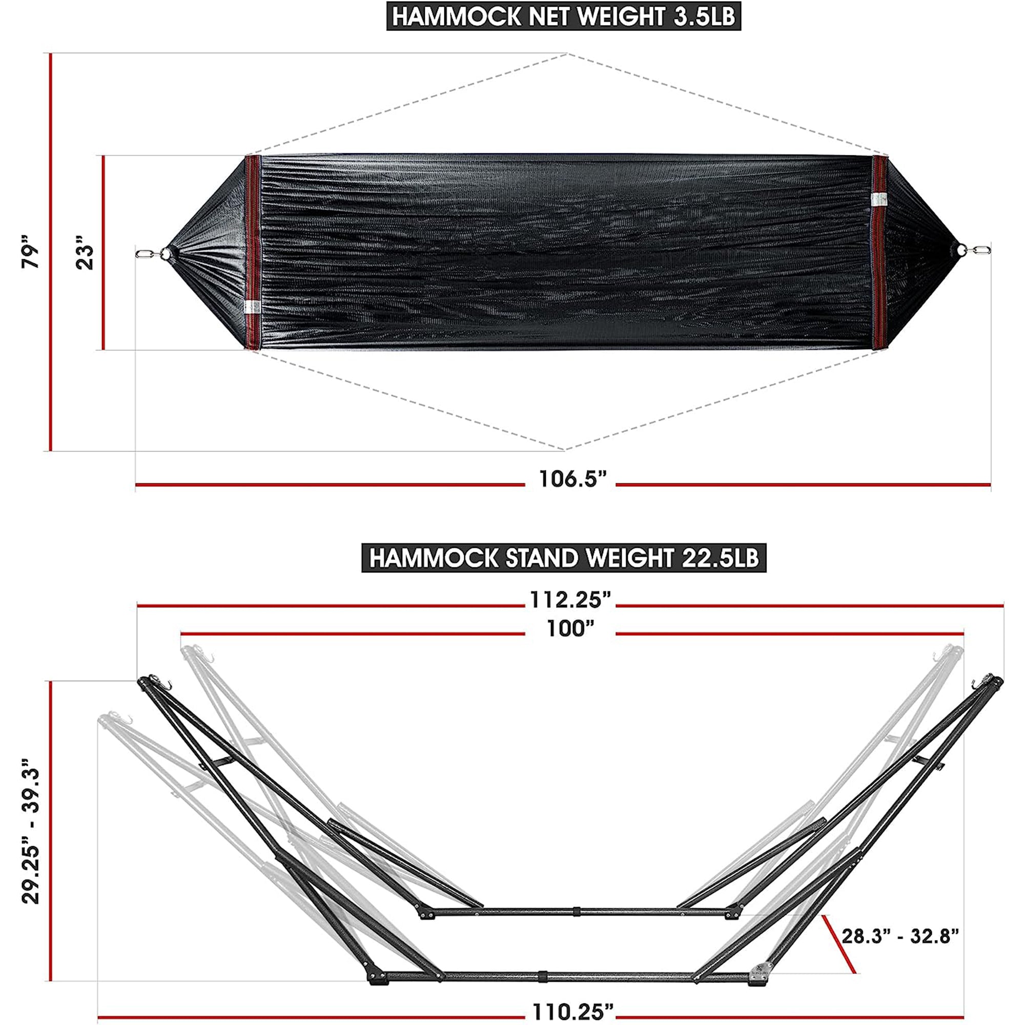 Tranquillo Universal 106.5" Double Hammock with Adjustable Stand and Bag, Black - Smart-nests