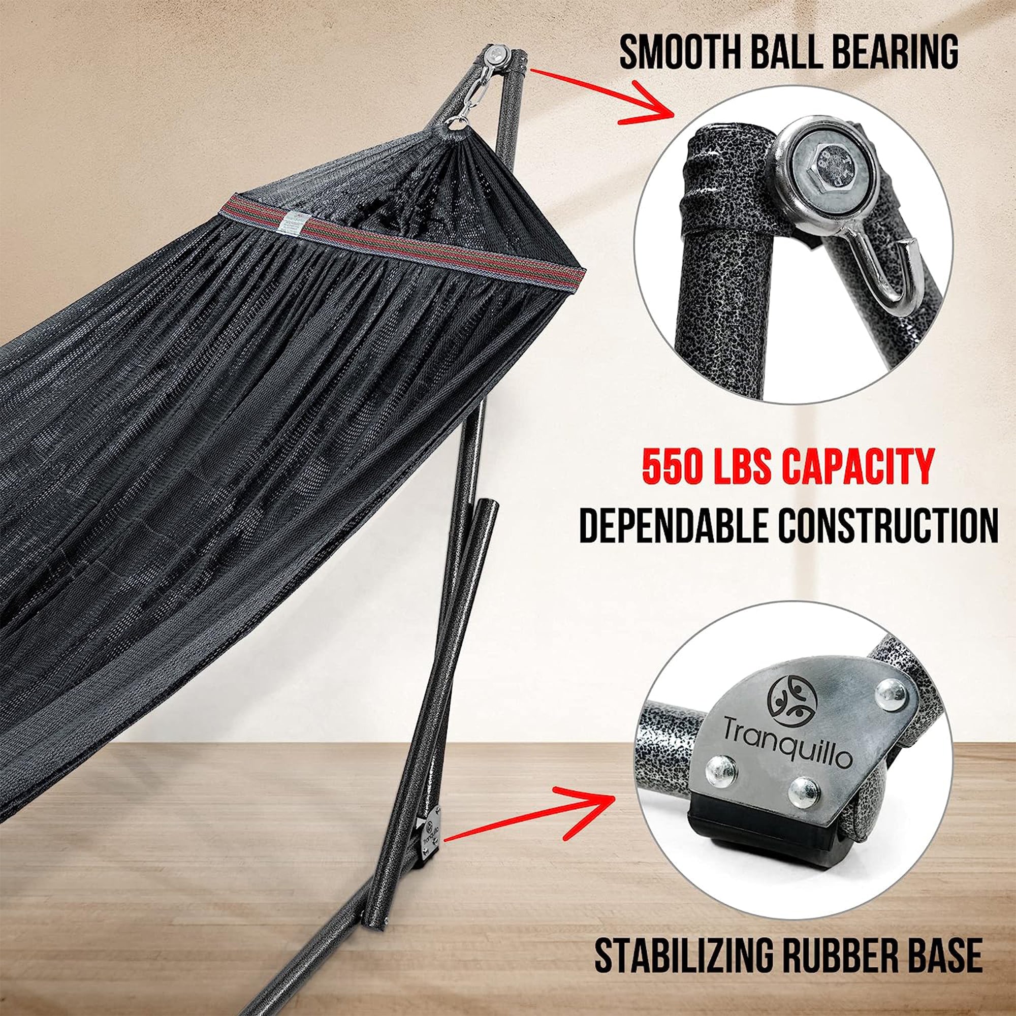 Tranquillo Universal 106.5" Double Hammock with Adjustable Stand and Bag, Black - Smart-nests
