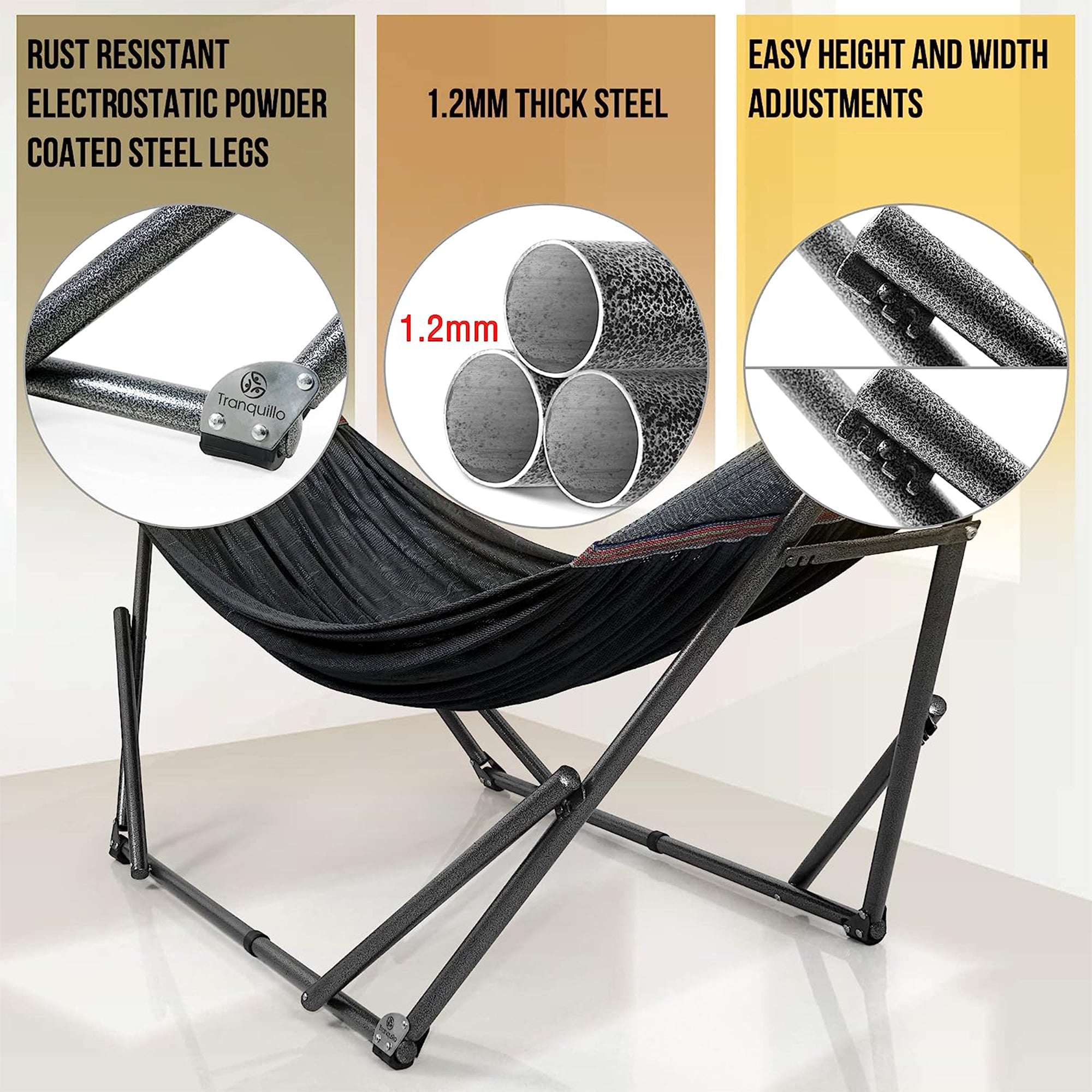 Tranquillo Universal 106.5" Double Hammock with Adjustable Stand and Bag, Black - Smart-nests
