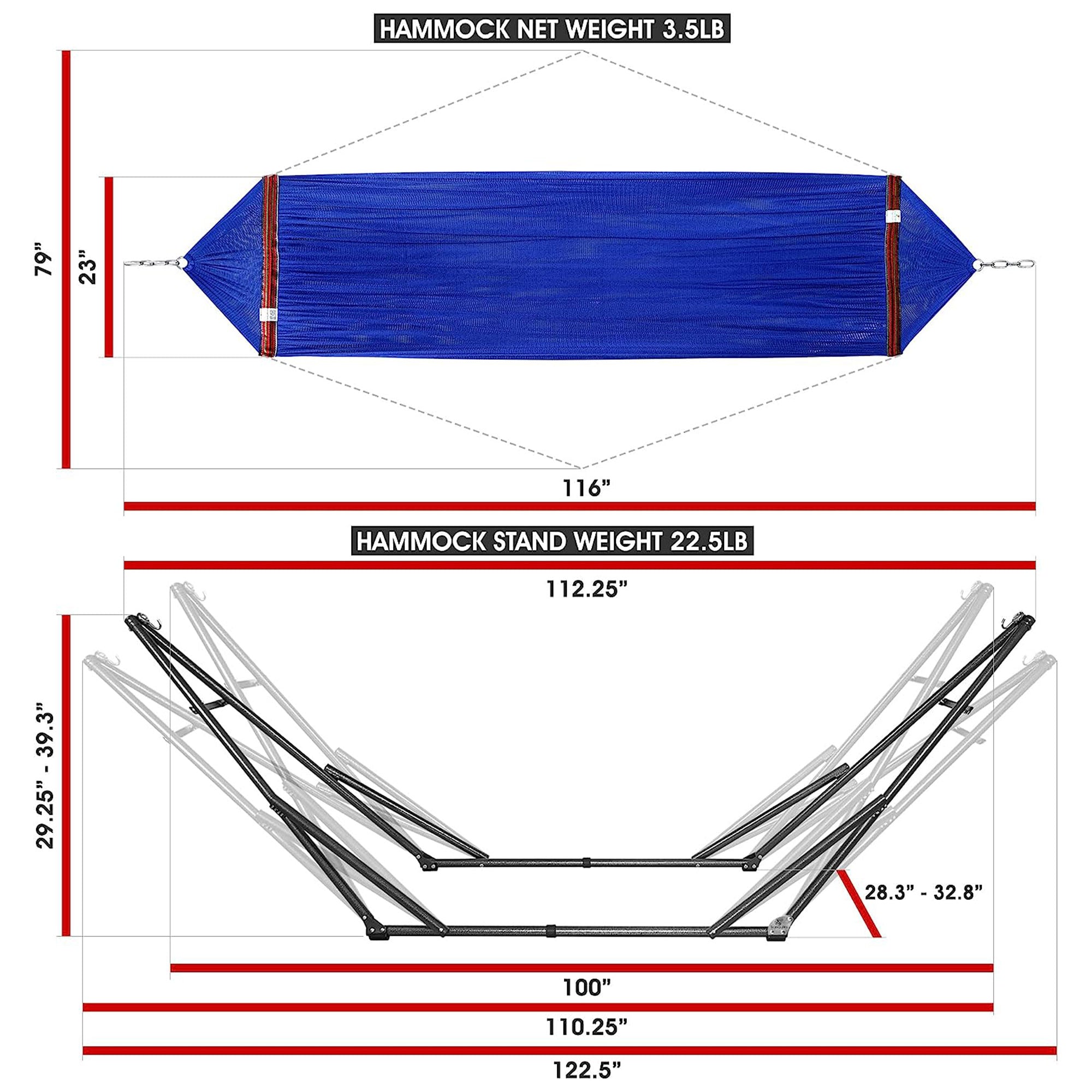 Tranquillo Universal 116" Double Hammock with Adjustable Stand and Bag, Blue - Smart-nests