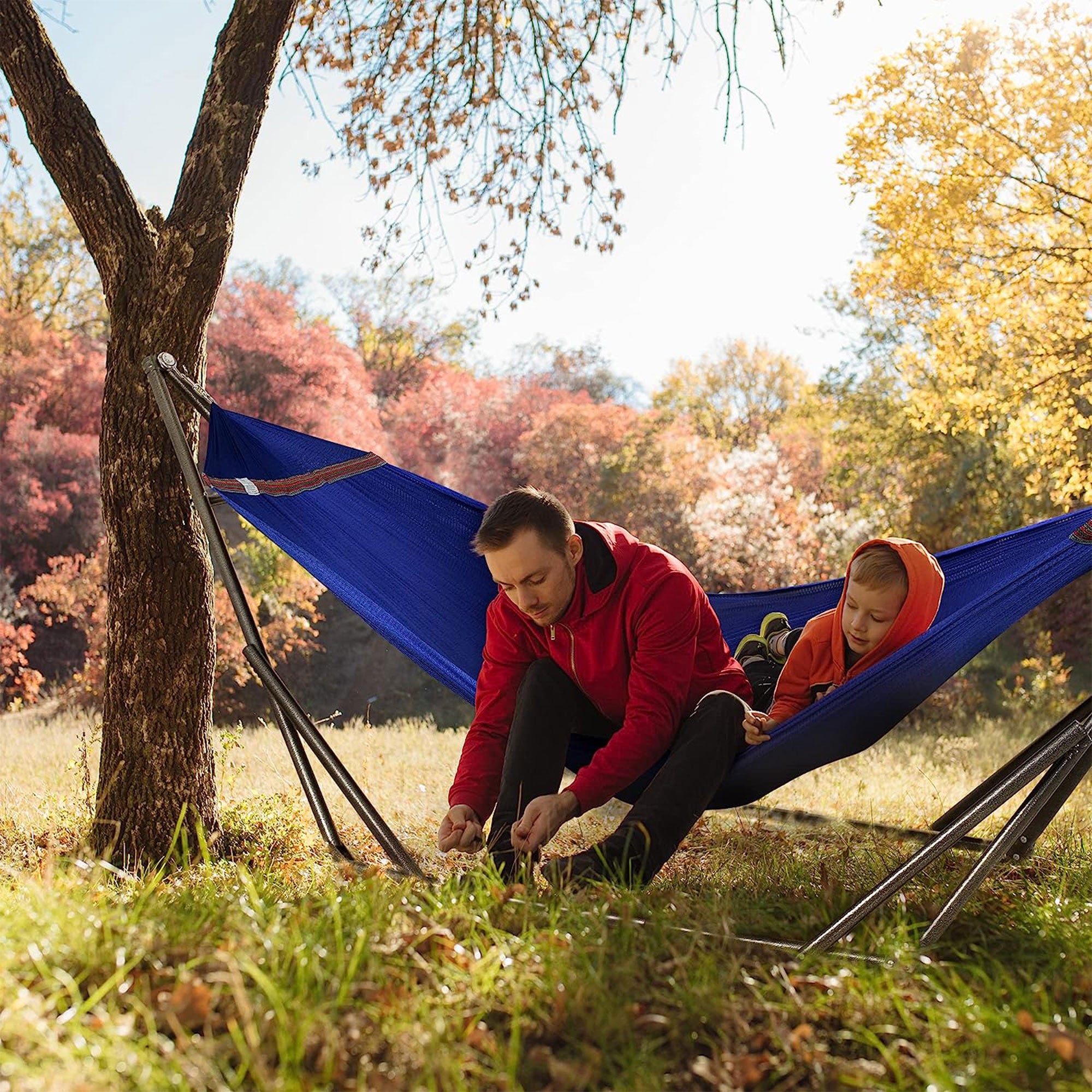 Tranquillo Universal 116" Double Hammock with Adjustable Stand and Bag, Blue - Smart-nests