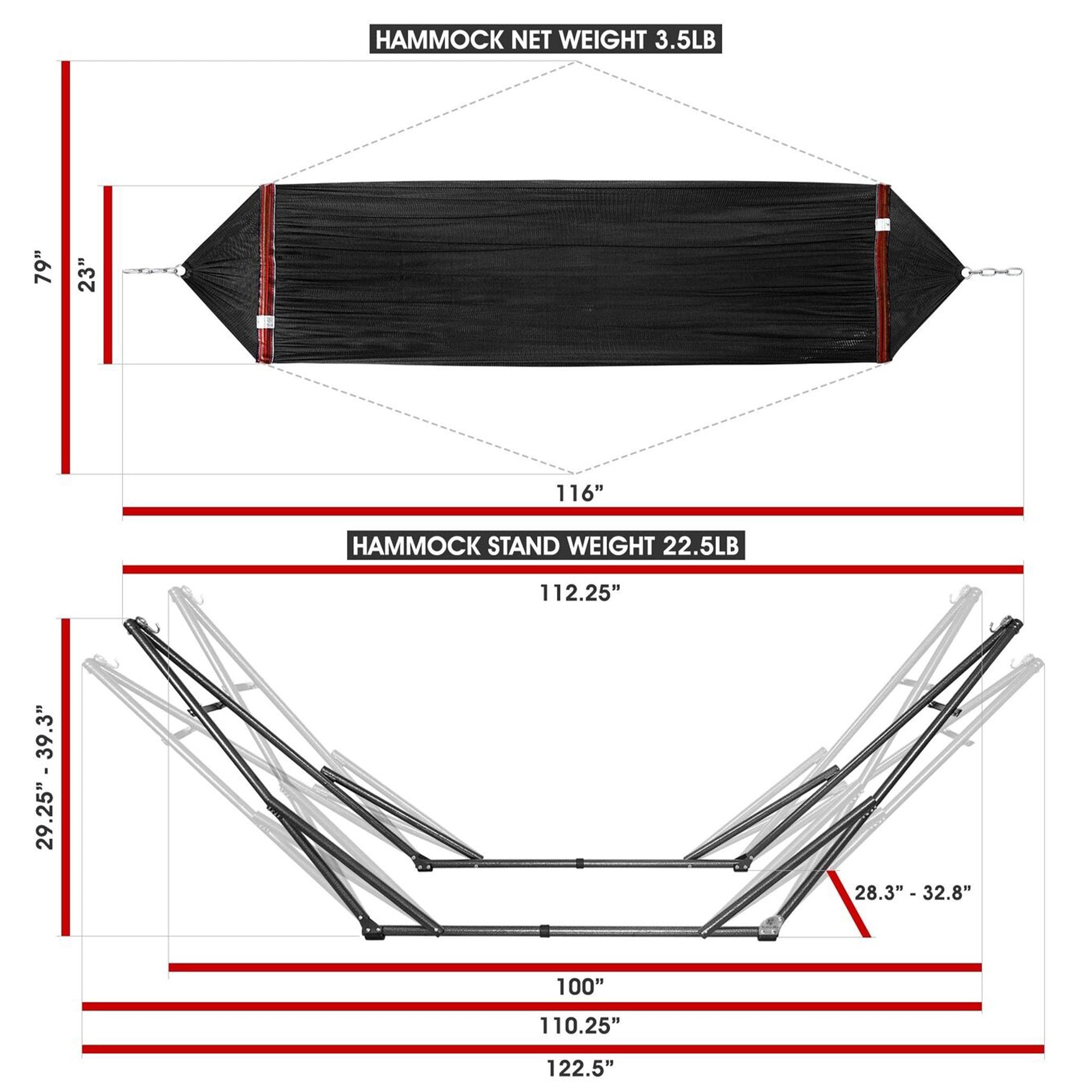 Tranquillo Universal 116" Double Hammock with Adjustable Stand and Bag, Black - Smart-nests