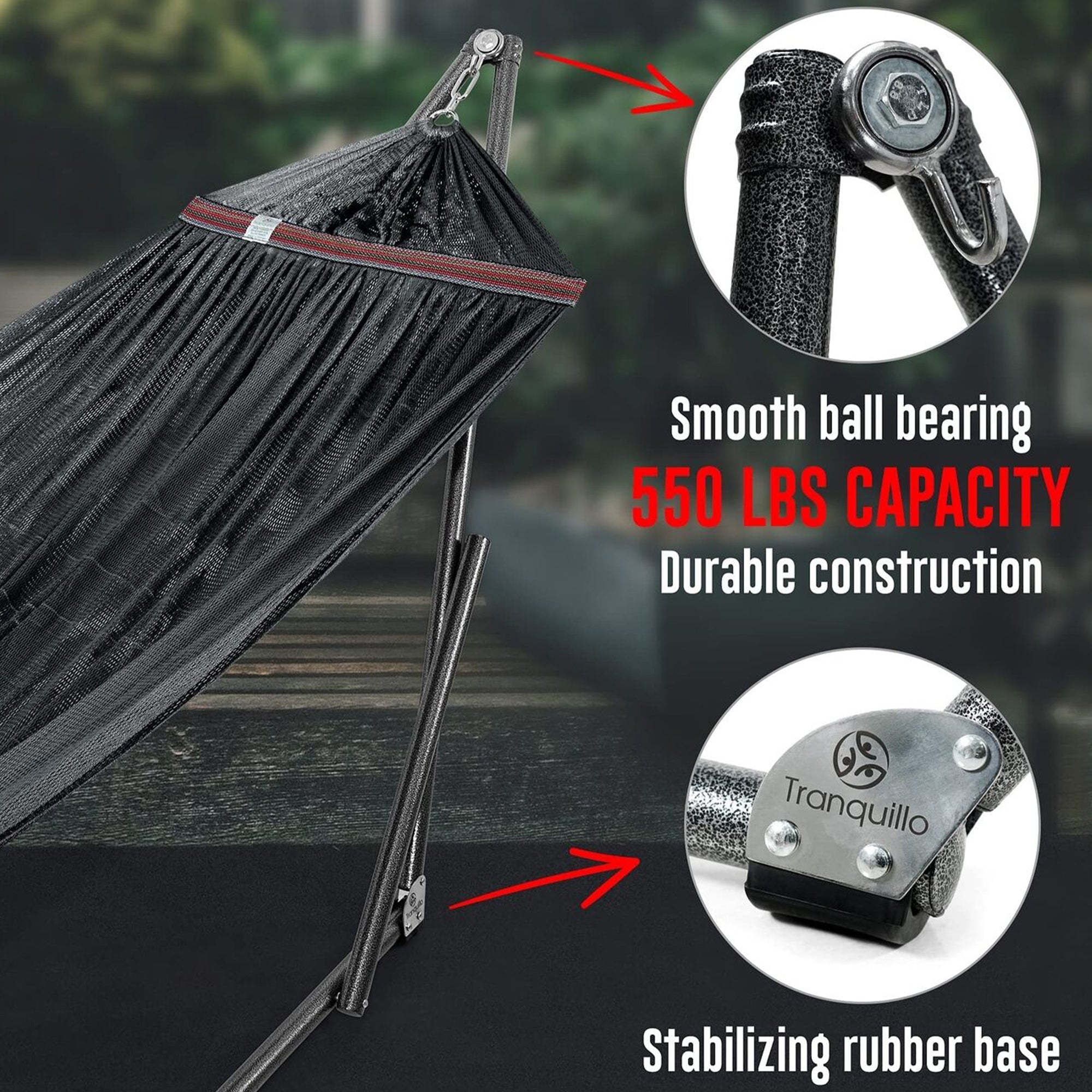 Tranquillo Universal 116" Double Hammock with Adjustable Stand and Bag, Black - Smart-nests