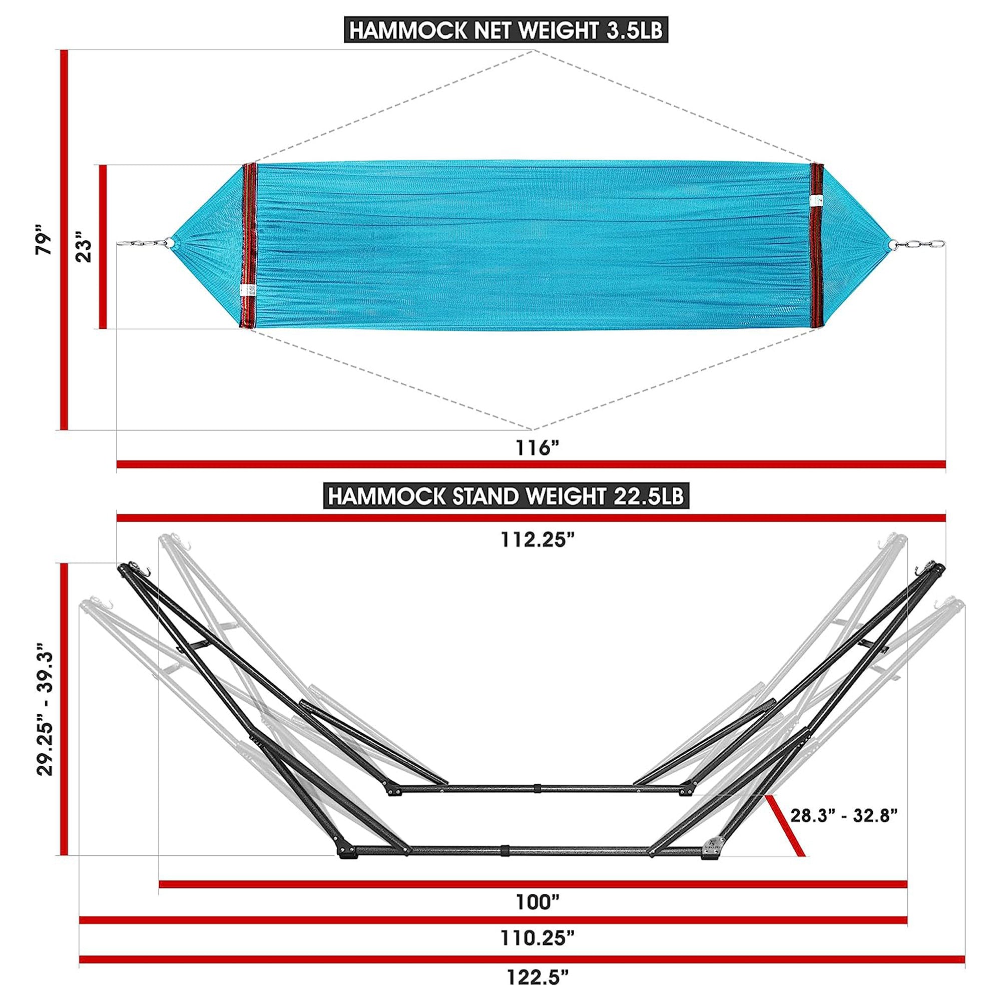 Tranquillo Universal 116" Double Hammock with Adjustable Stand and Bag, Sky Blue - Smart-nests