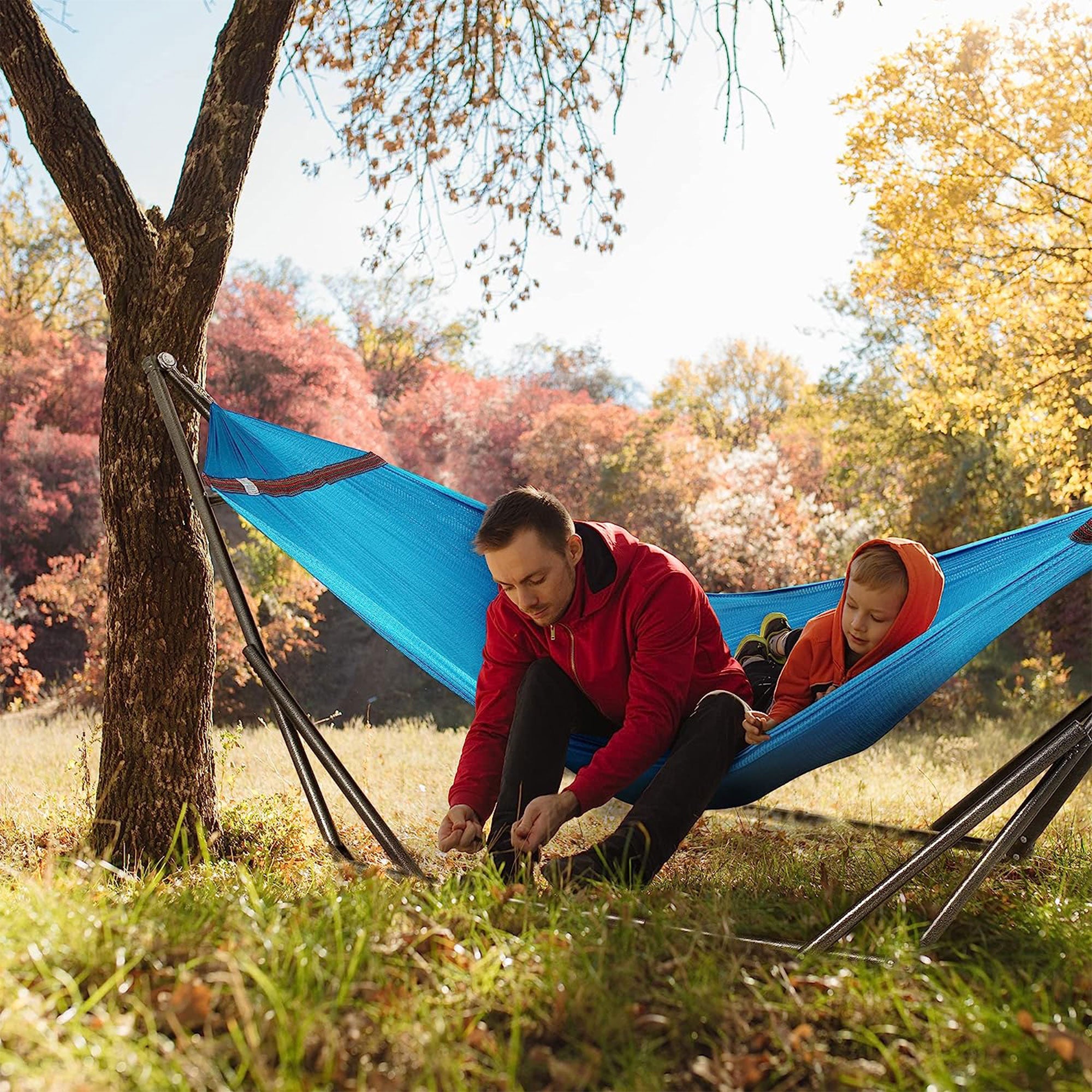 Tranquillo Universal 116" Double Hammock with Adjustable Stand and Bag, Sky Blue - Smart-nests