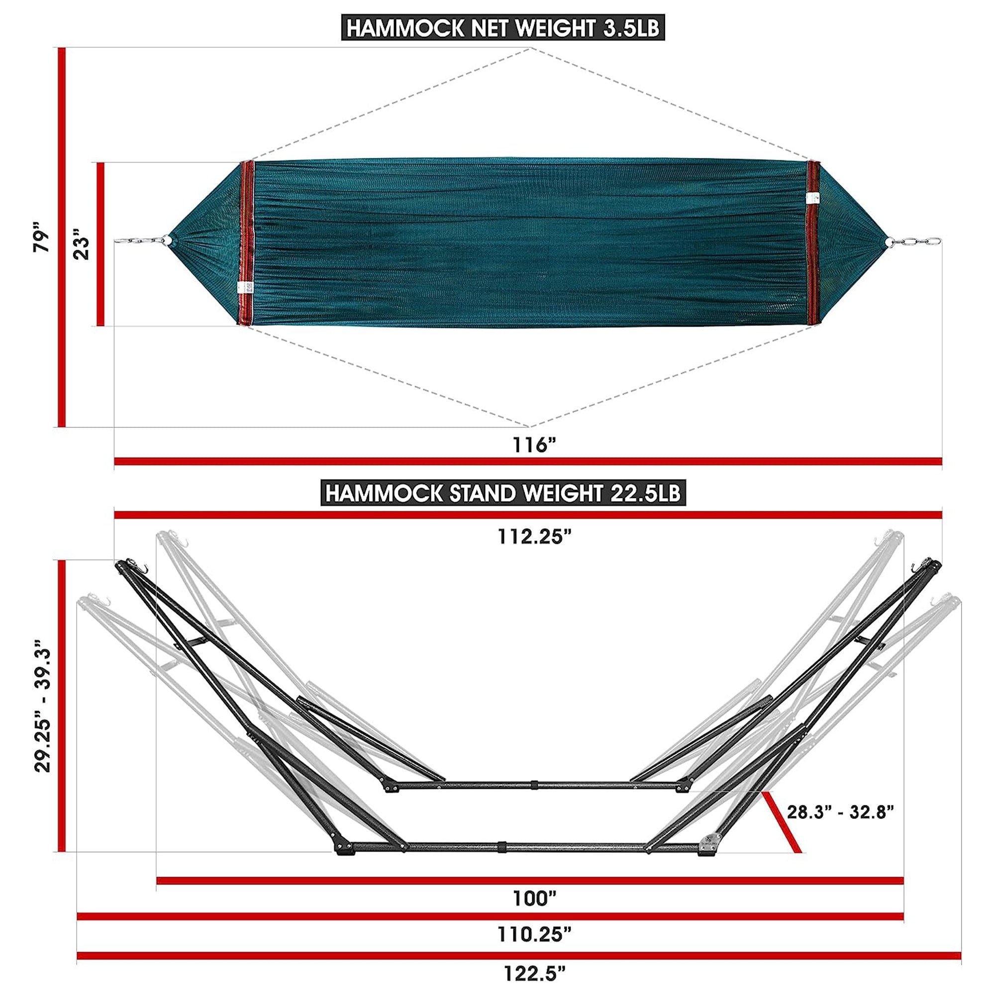 Tranquillo Universal 116" Double Hammock with Adjustable Stand and Bag, Peacock - Smart-nests