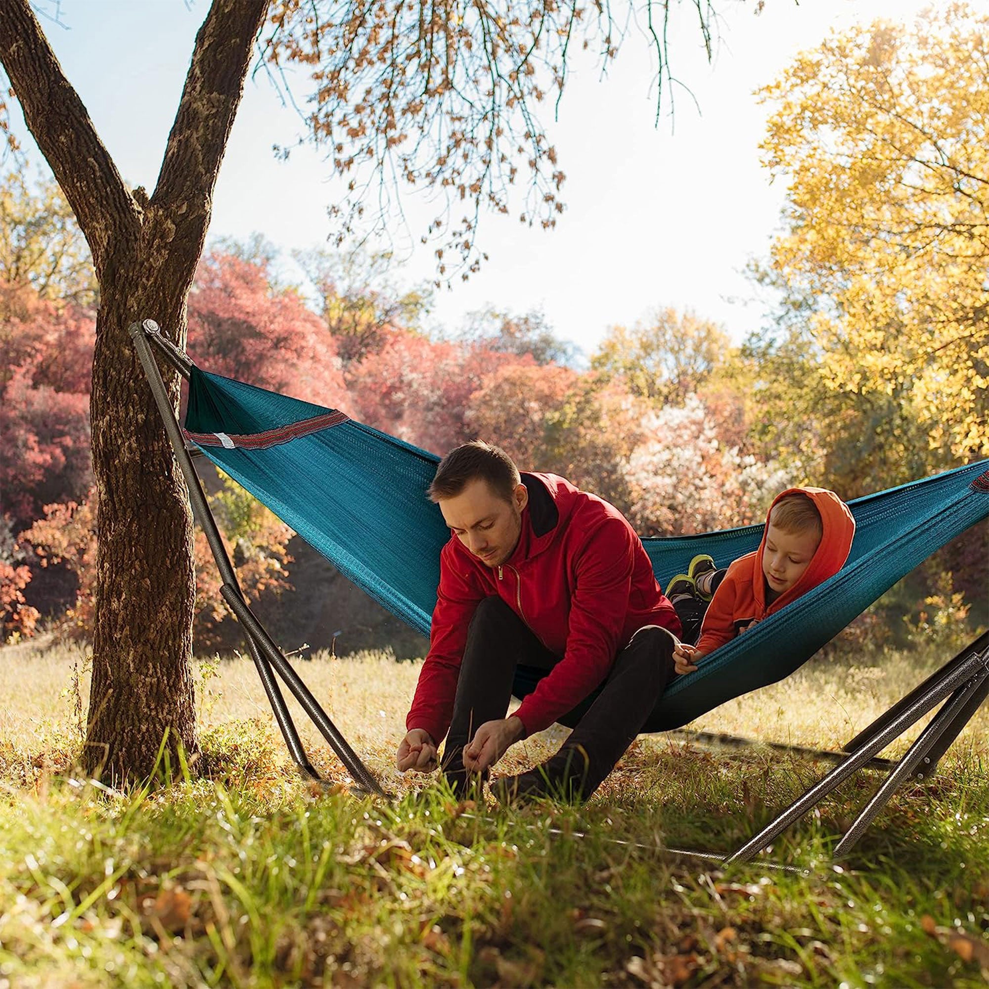 Tranquillo Universal 116" Double Hammock with Adjustable Stand and Bag, Peacock - Smart-nests