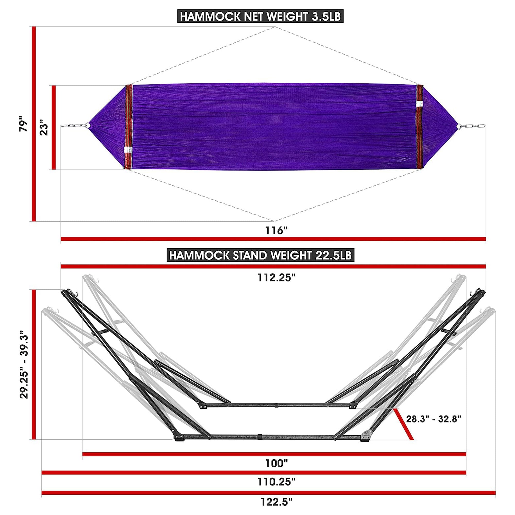 Tranquillo Universal 116" Double Hammock with Adjustable Stand and Bag, Purple - Smart-nests