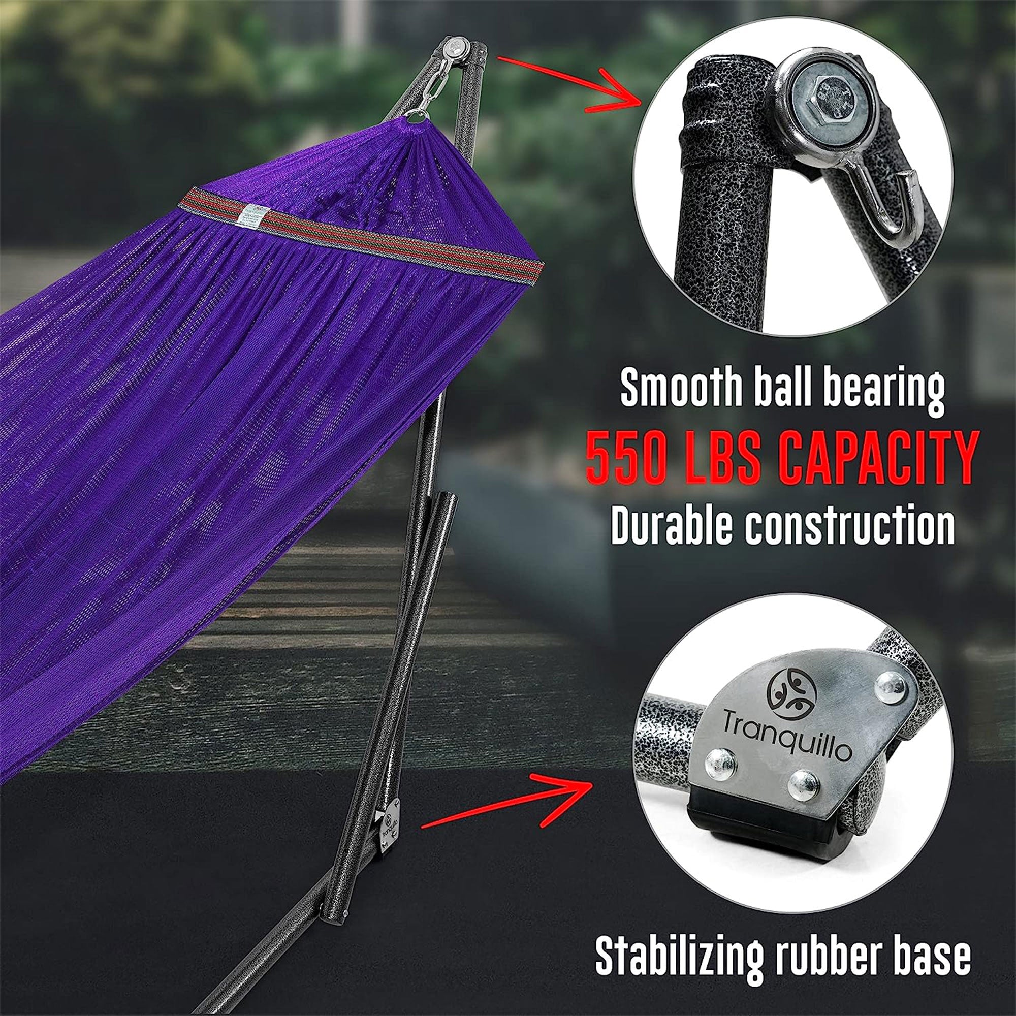 Tranquillo Universal 116" Double Hammock with Adjustable Stand and Bag, Purple - Smart-nests